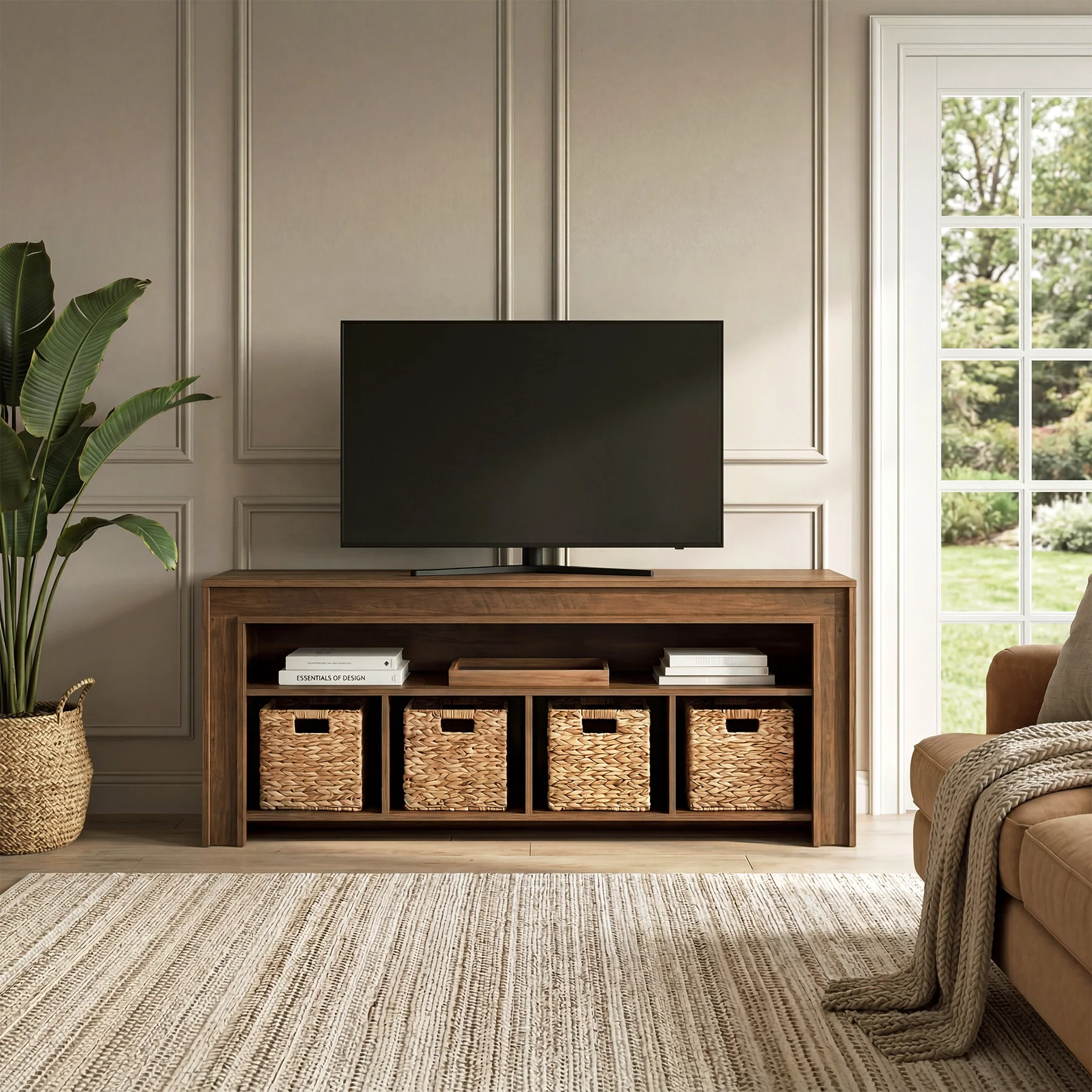 63" Farmhouse TV Stand for 55–70 Inch TVs, Media Console with Baskets & Open Storage - Image 4