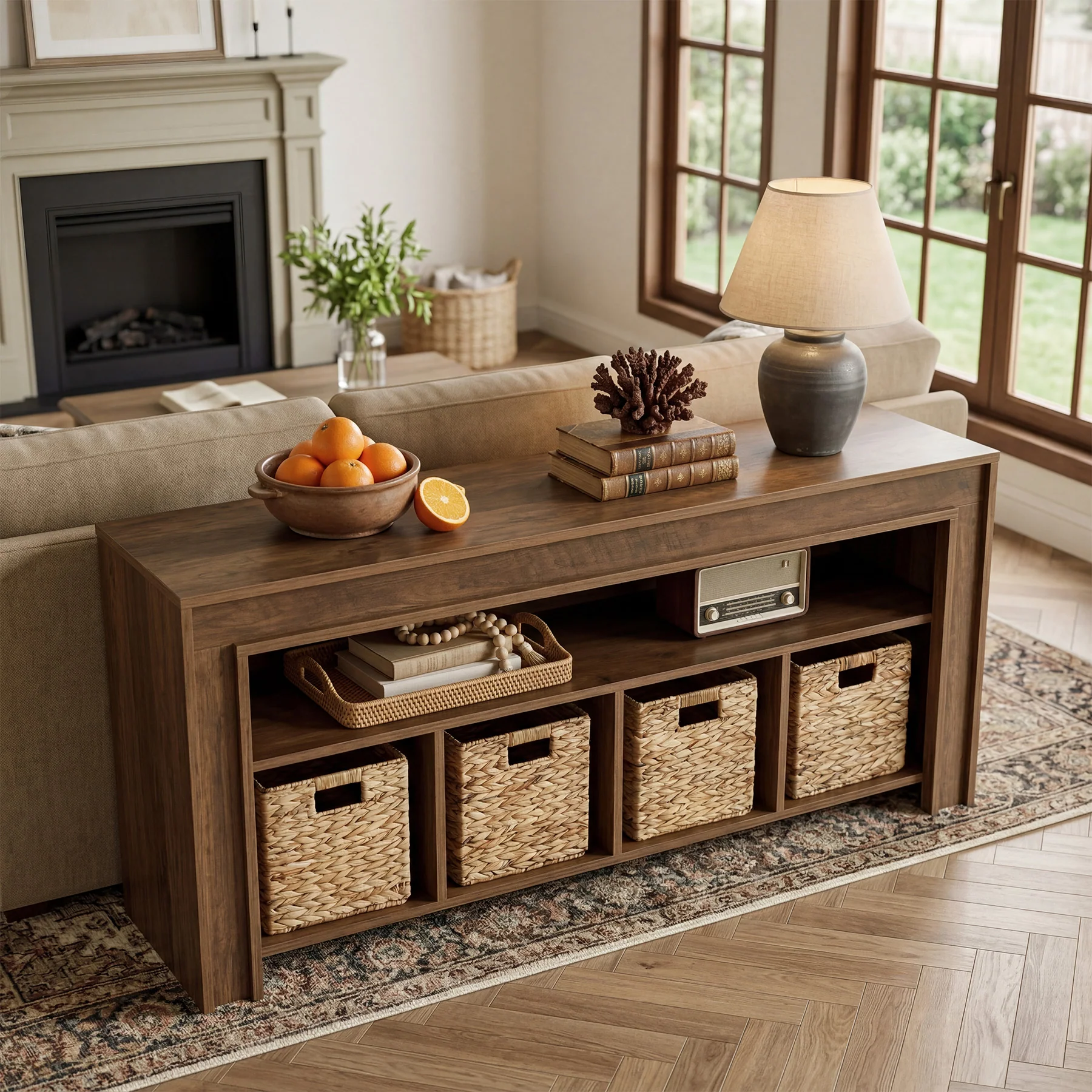 63" Farmhouse TV Stand for 55–70 Inch TVs, Media Console with Baskets & Open Storage - Image 6