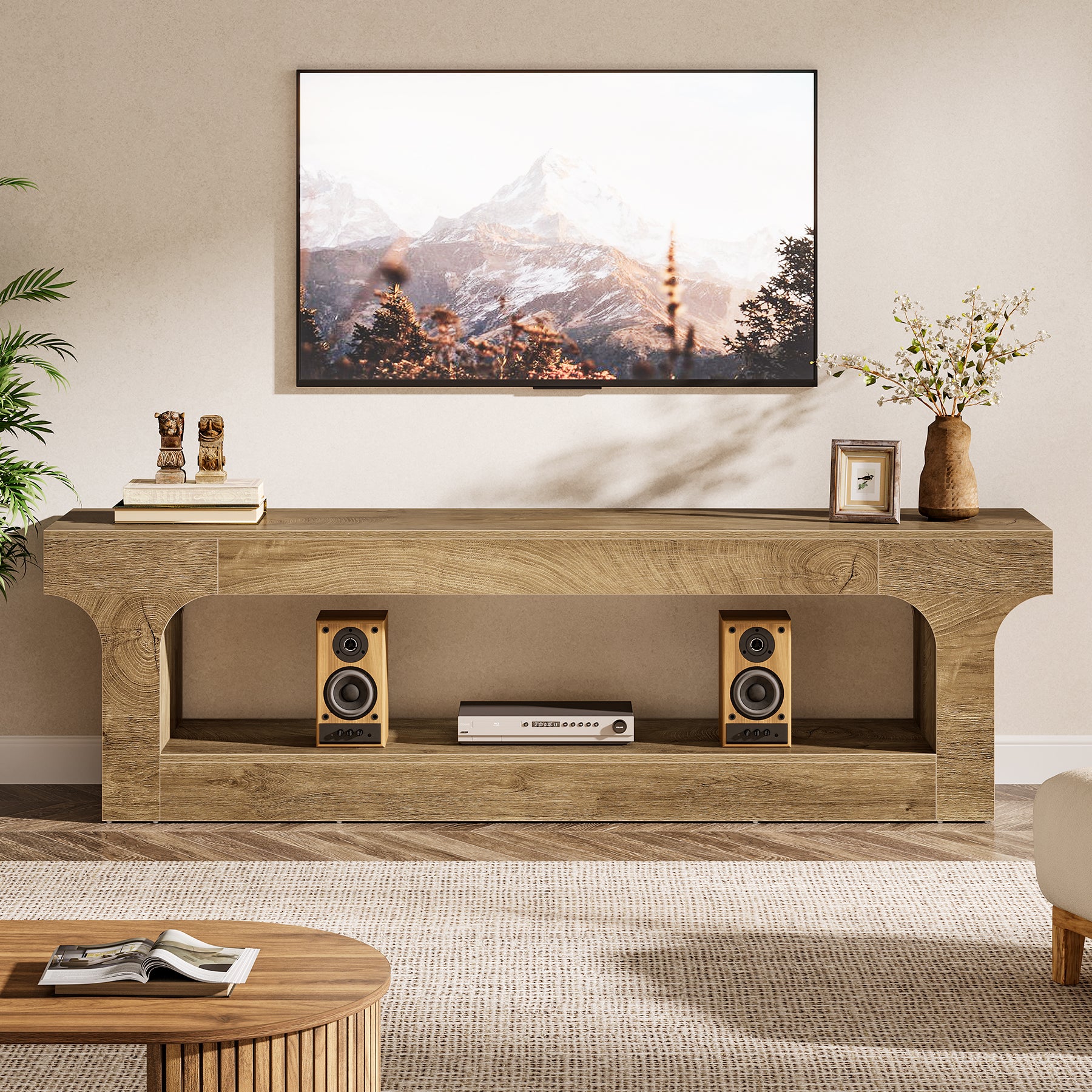 63” Farmhouse TV Stand for 55–75 Inch TVs, Entertainment Center with 2-Tier Open Storage Shelves - Image 3