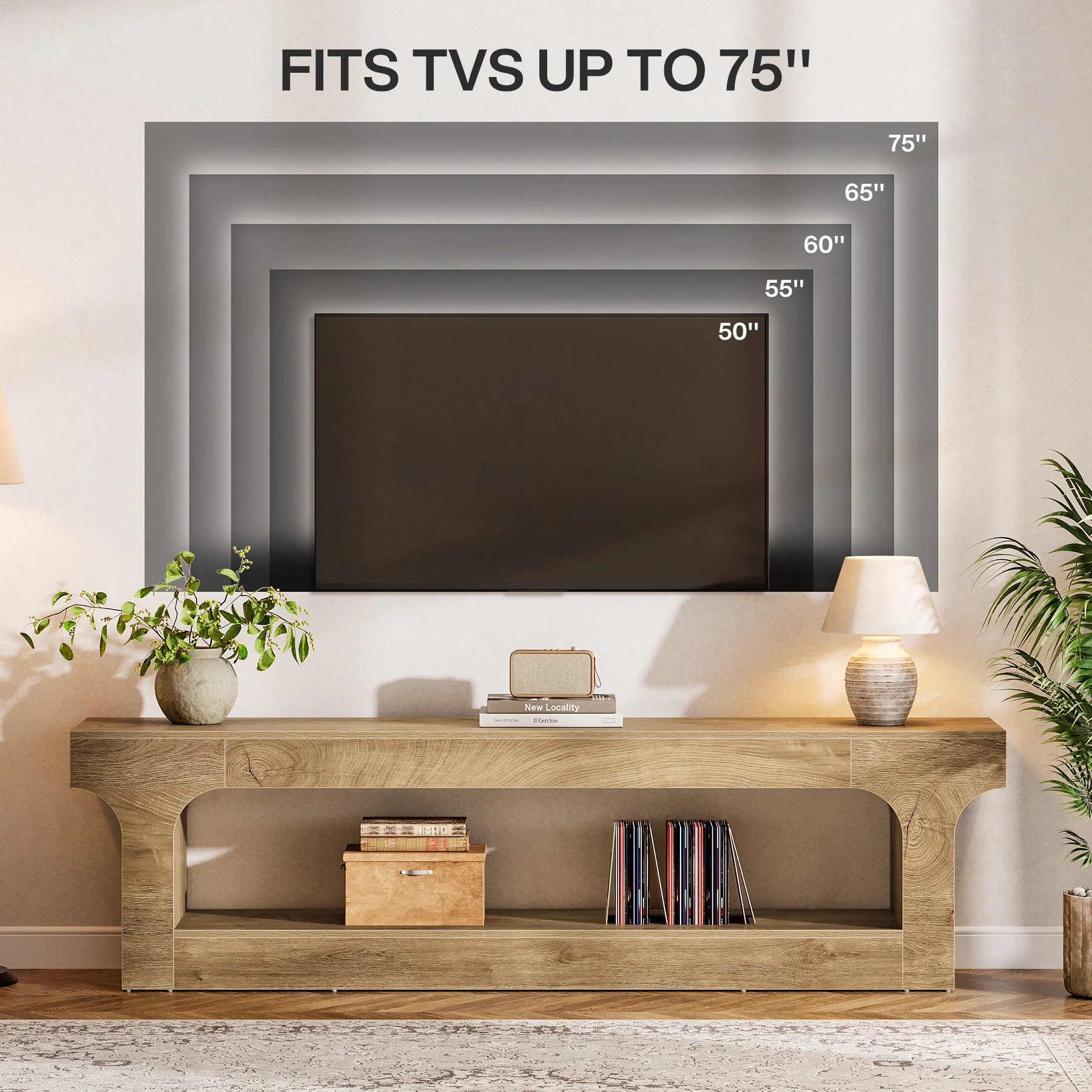 63” Farmhouse TV Stand for 55–75 Inch TVs, Entertainment Center with 2-Tier Open Storage Shelves - Image 4