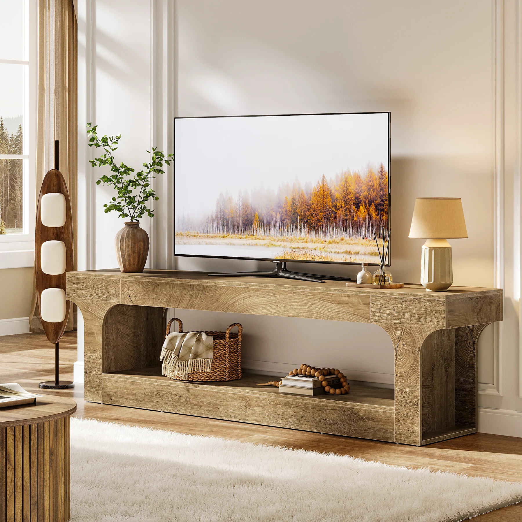 63” Farmhouse TV Stand for 55–75 Inch TVs, Entertainment Center with 2-Tier Open Storage Shelves - Image 5