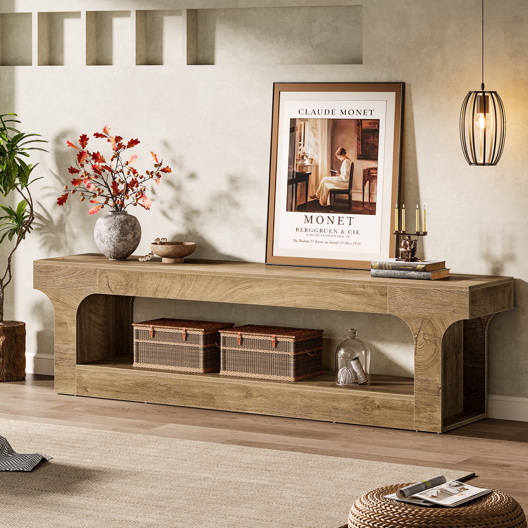63” Farmhouse TV Stand for 55–75 Inch TVs, Entertainment Center with 2-Tier Open Storage Shelves - Image 6