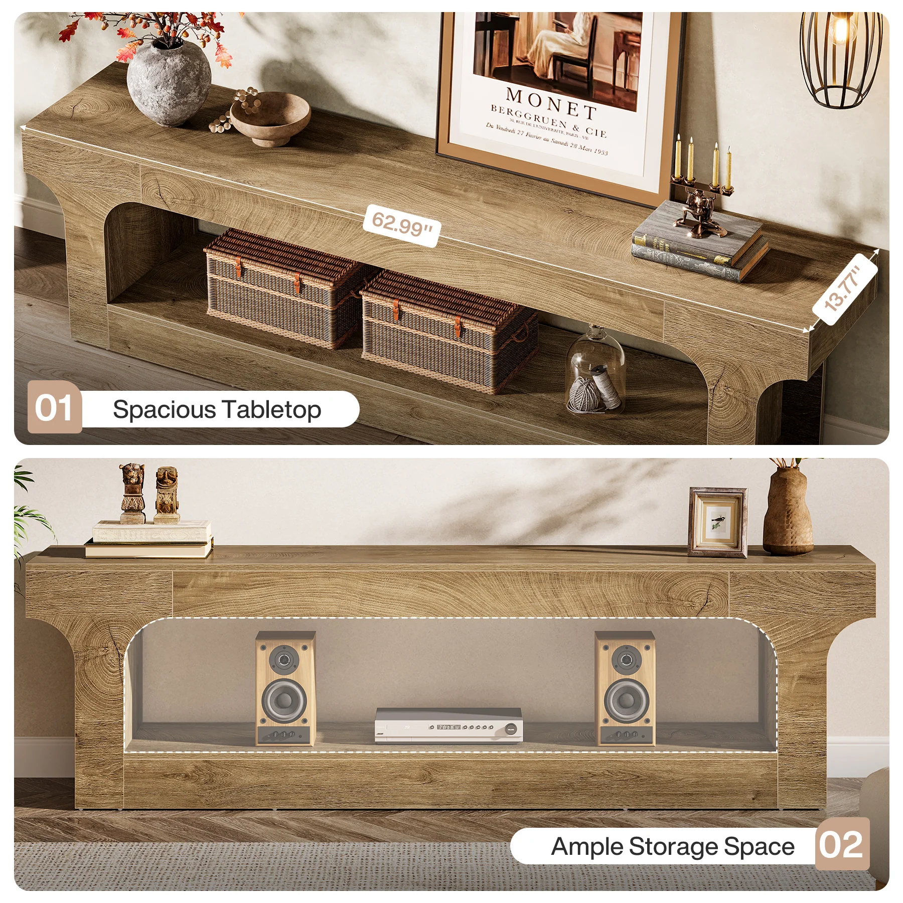 63” Farmhouse TV Stand for 55–75 Inch TVs, Entertainment Center with 2-Tier Open Storage Shelves - Image 7