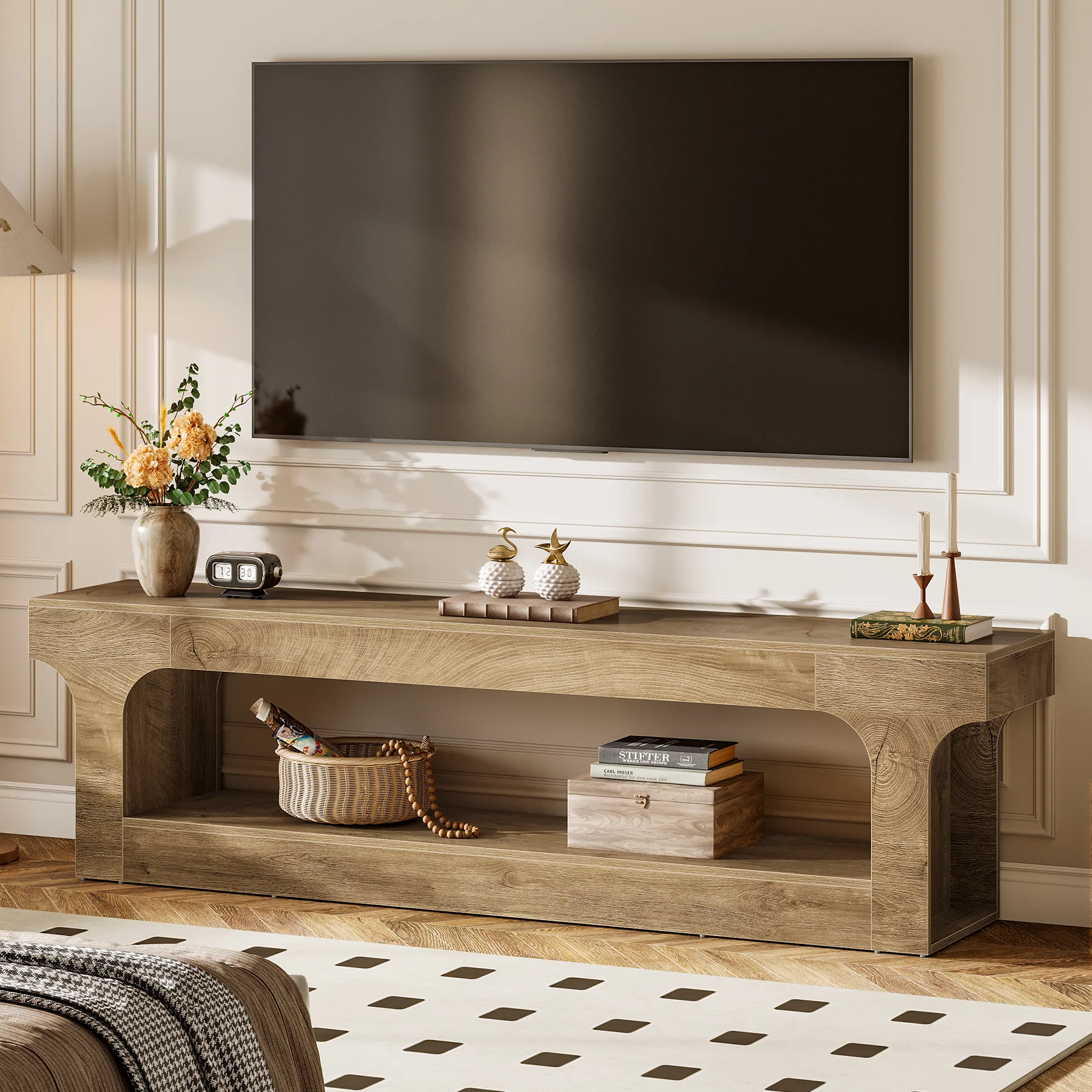 63” Farmhouse TV Stand for 55–75 Inch TVs, Entertainment Center with 2-Tier Open Storage Shelves - Image 9