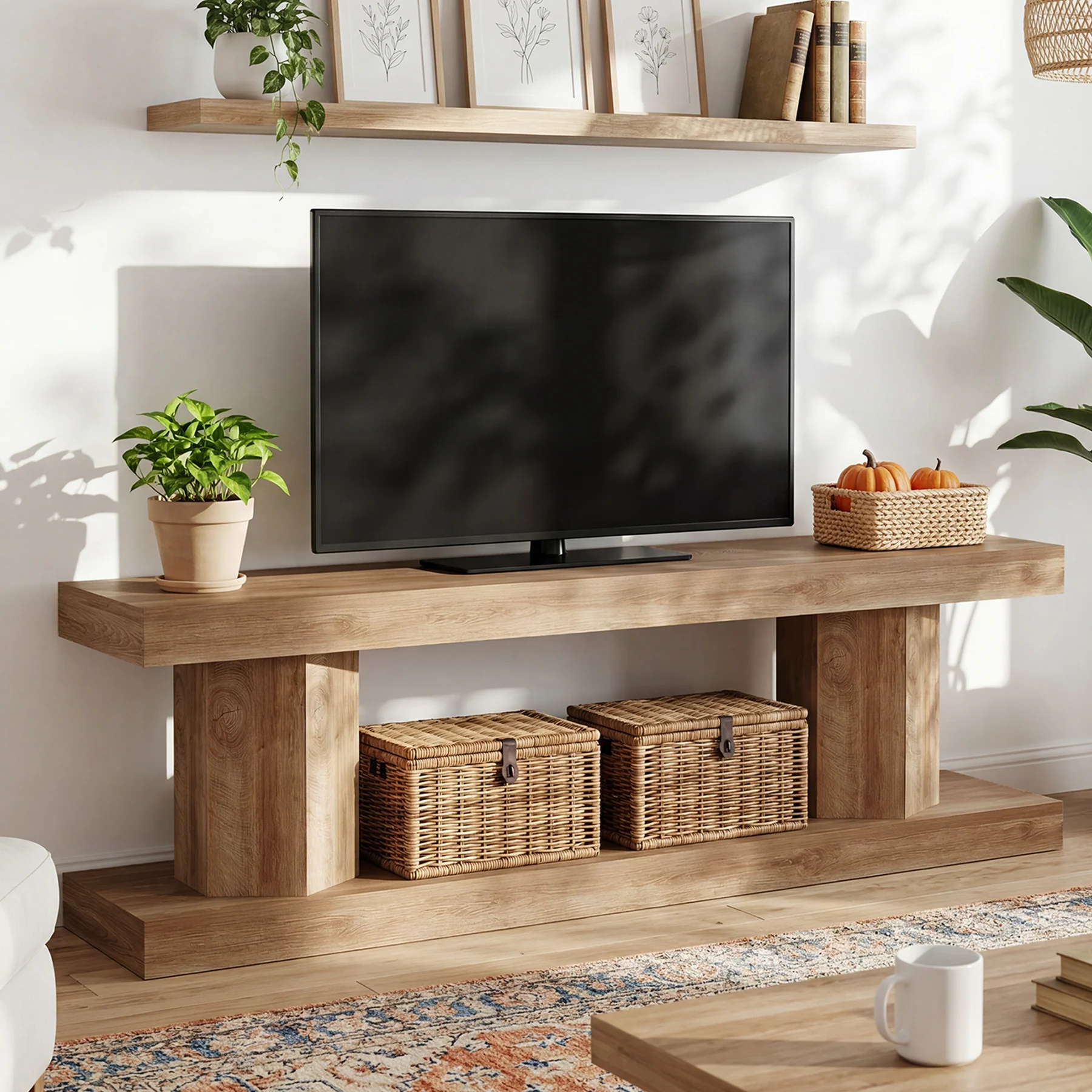 63" Farmhouse TV Stand for TVs up to 70", Wooden Entertainment Center with 2-Tier Open Storage