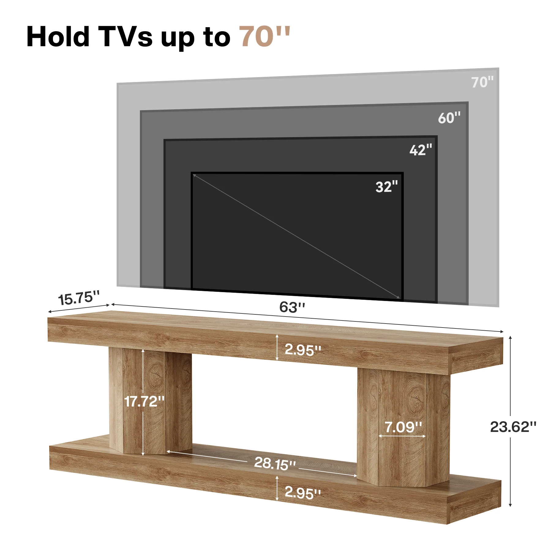 63" Farmhouse TV Stand for TVs up to 70", Wooden Entertainment Center with 2-Tier Open Storage - Image 2