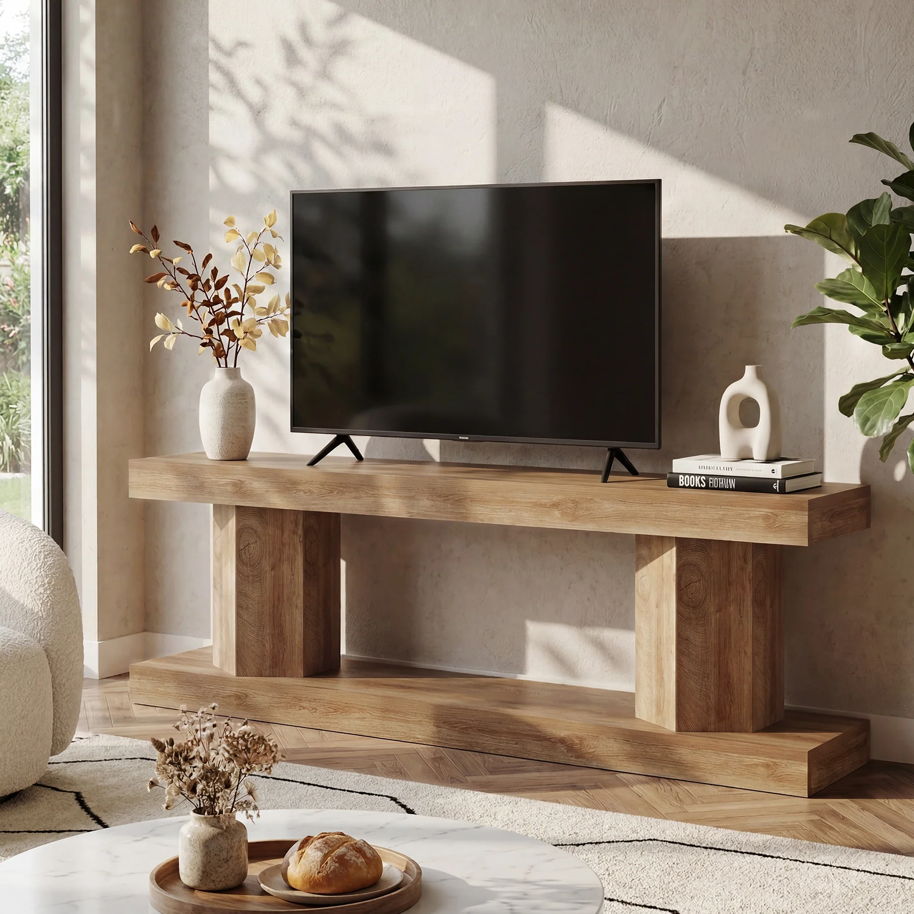 63" Farmhouse TV Stand for TVs up to 70", Wooden Entertainment Center with 2-Tier Open Storage - Image 3