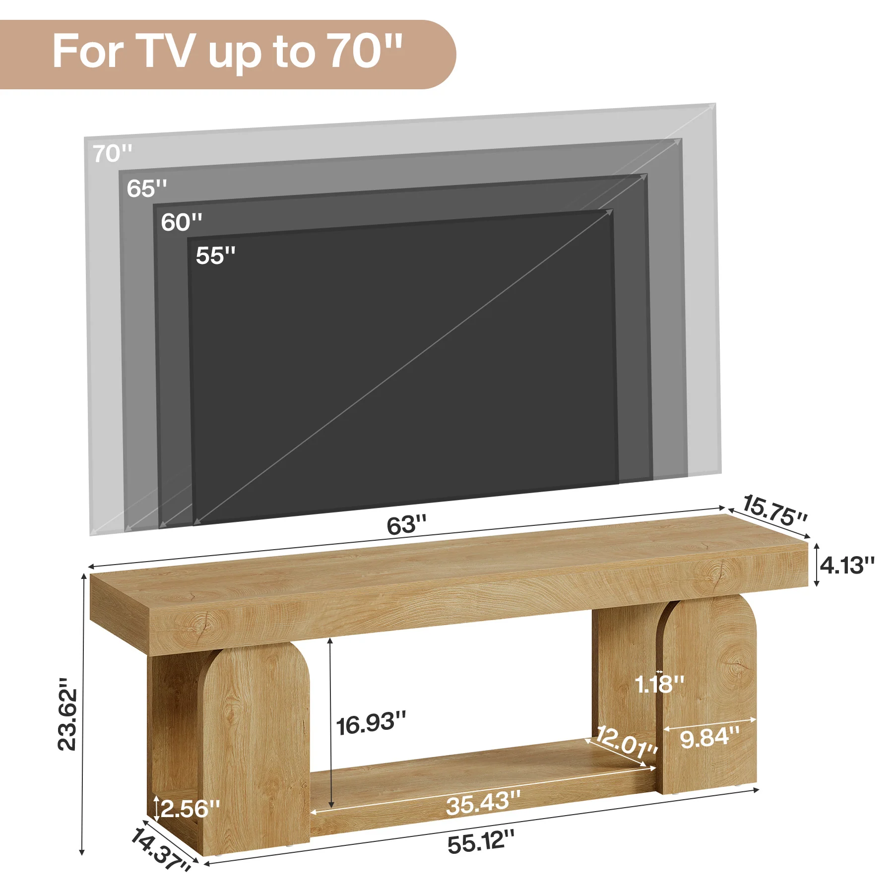 63" Farmhouse TV Stand for TVs up to 75", Wooden Entertainment Center with Open Storage Shelf - Image 2