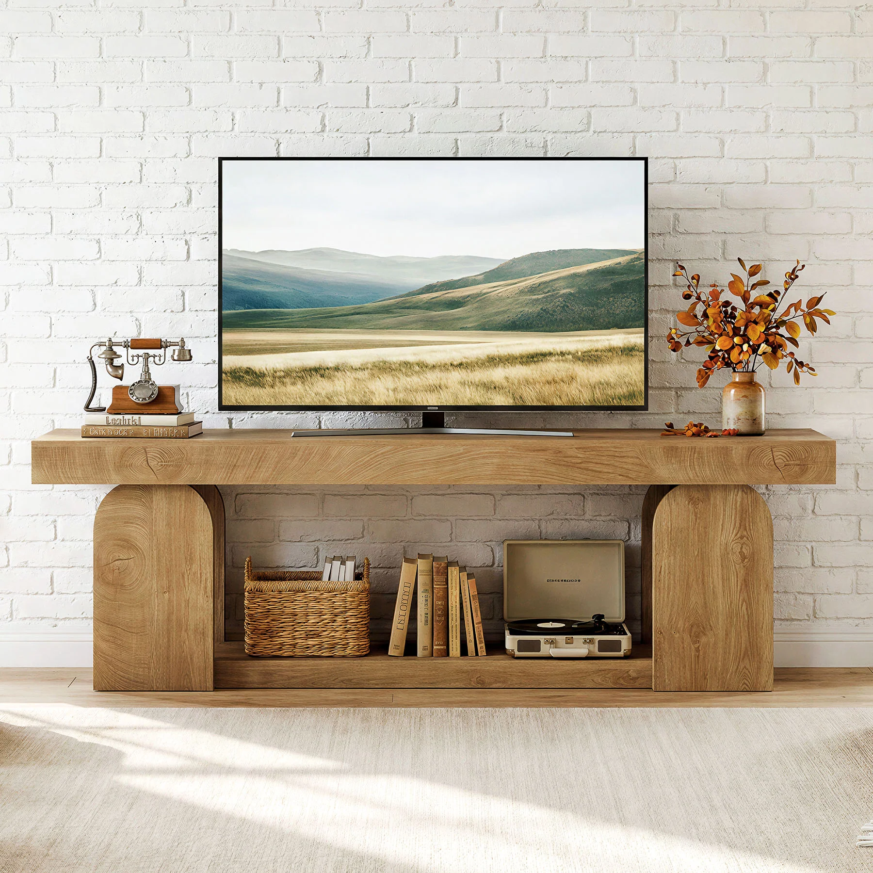 63" Farmhouse TV Stand for TVs up to 75", Wooden Entertainment Center with Open Storage Shelf - Image 3