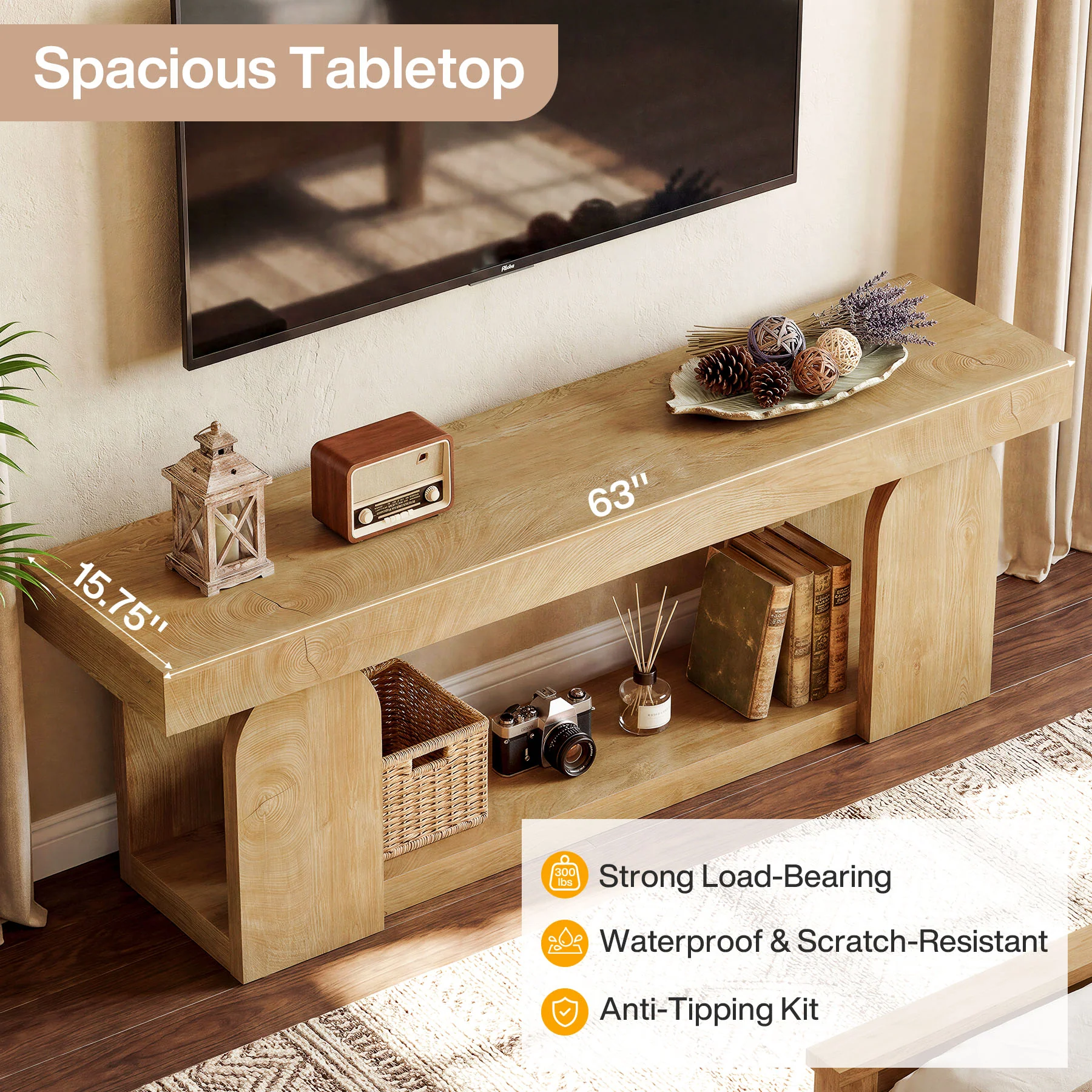 63" Farmhouse TV Stand for TVs up to 75", Wooden Entertainment Center with Open Storage Shelf - Image 4