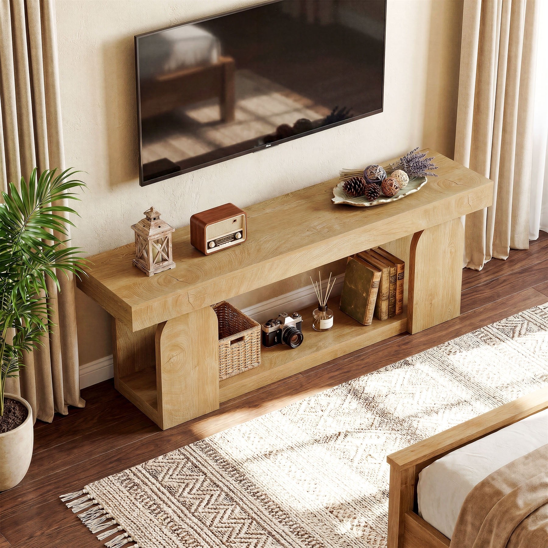 63" Farmhouse TV Stand for TVs up to 75", Wooden Entertainment Center with Open Storage Shelf - Image 5