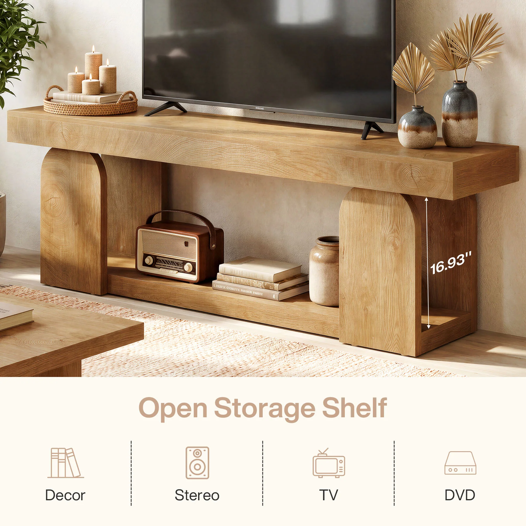 63" Farmhouse TV Stand for TVs up to 75", Wooden Entertainment Center with Open Storage Shelf - Image 6