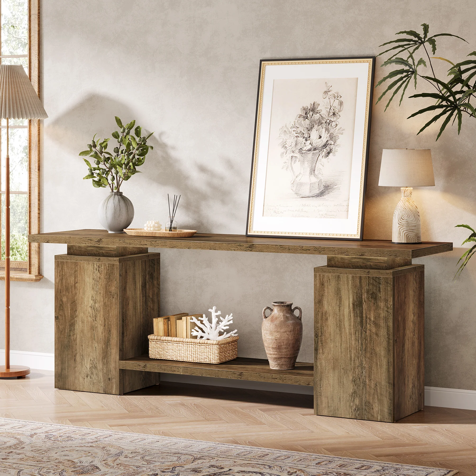 63" Farmhouse TV Stand for up to 65" TVs, Rustic Wood Media Console with Open Shelf, Heavy-Duty Entertainment Center - Image 3