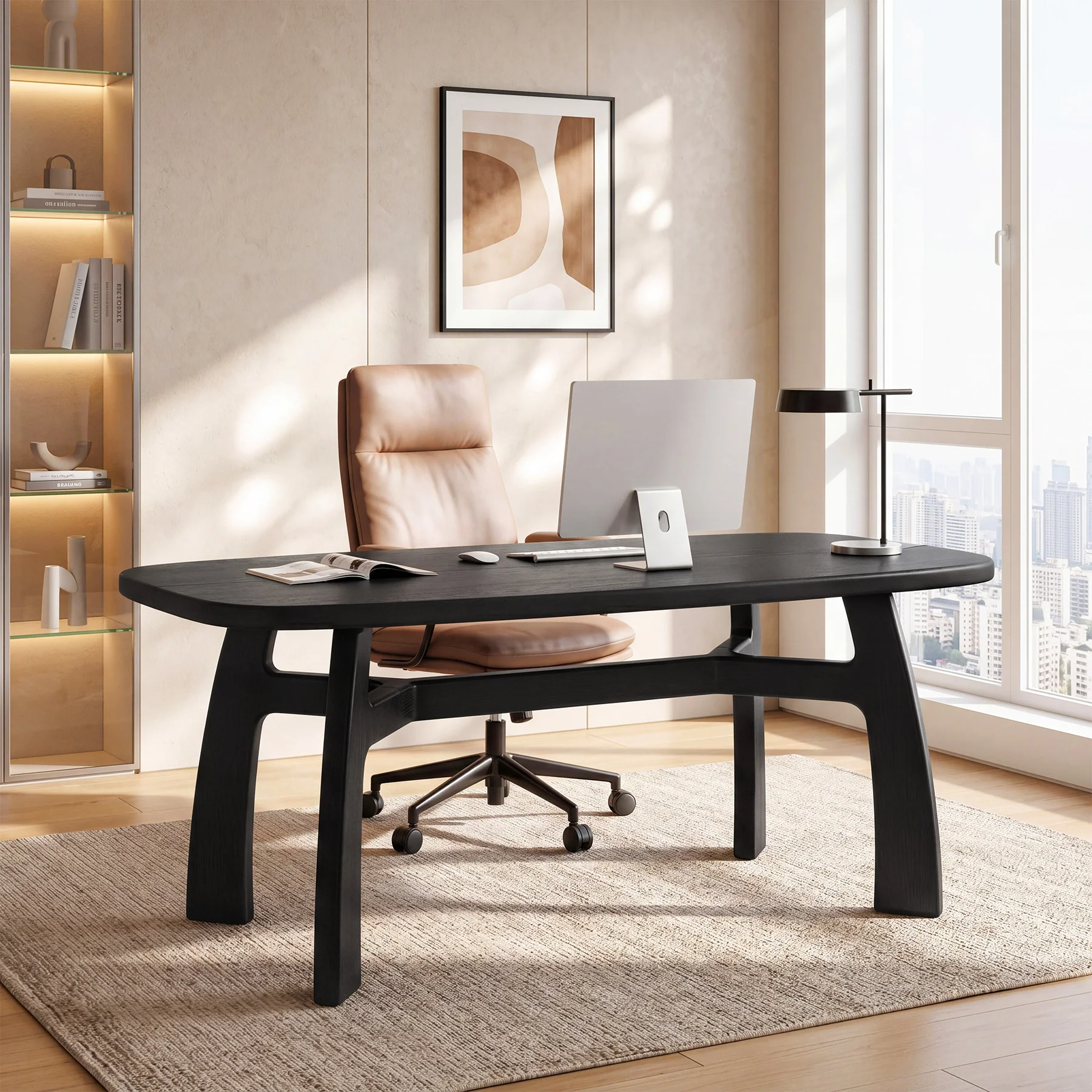 Tribesigns 63-Inch Computer Desk, Solid Wood Office Desk with Boat-Shaped Top for Home Office - Image 4