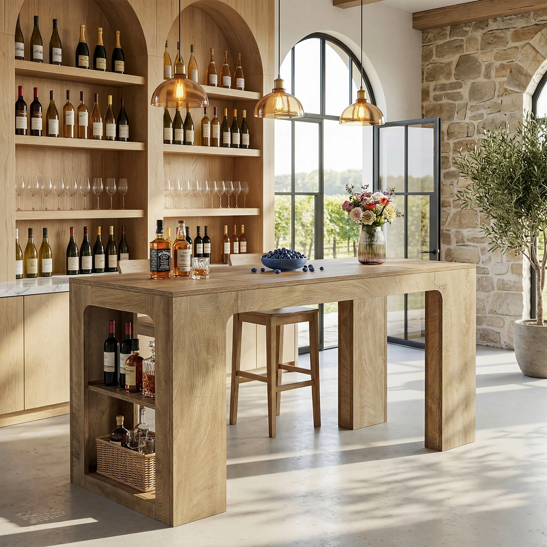 63" Rectangular Bar Table, Counter Height Pub Cocktail Table with 2 Shelves