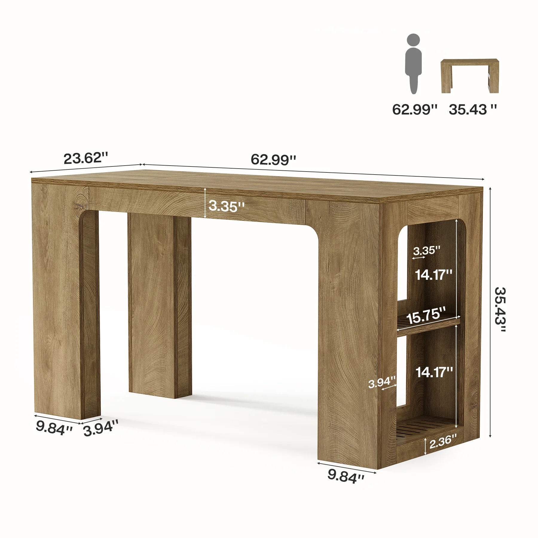 63" Rectangular Bar Table, Counter Height Pub Cocktail Table with 2 Shelves - Image 2