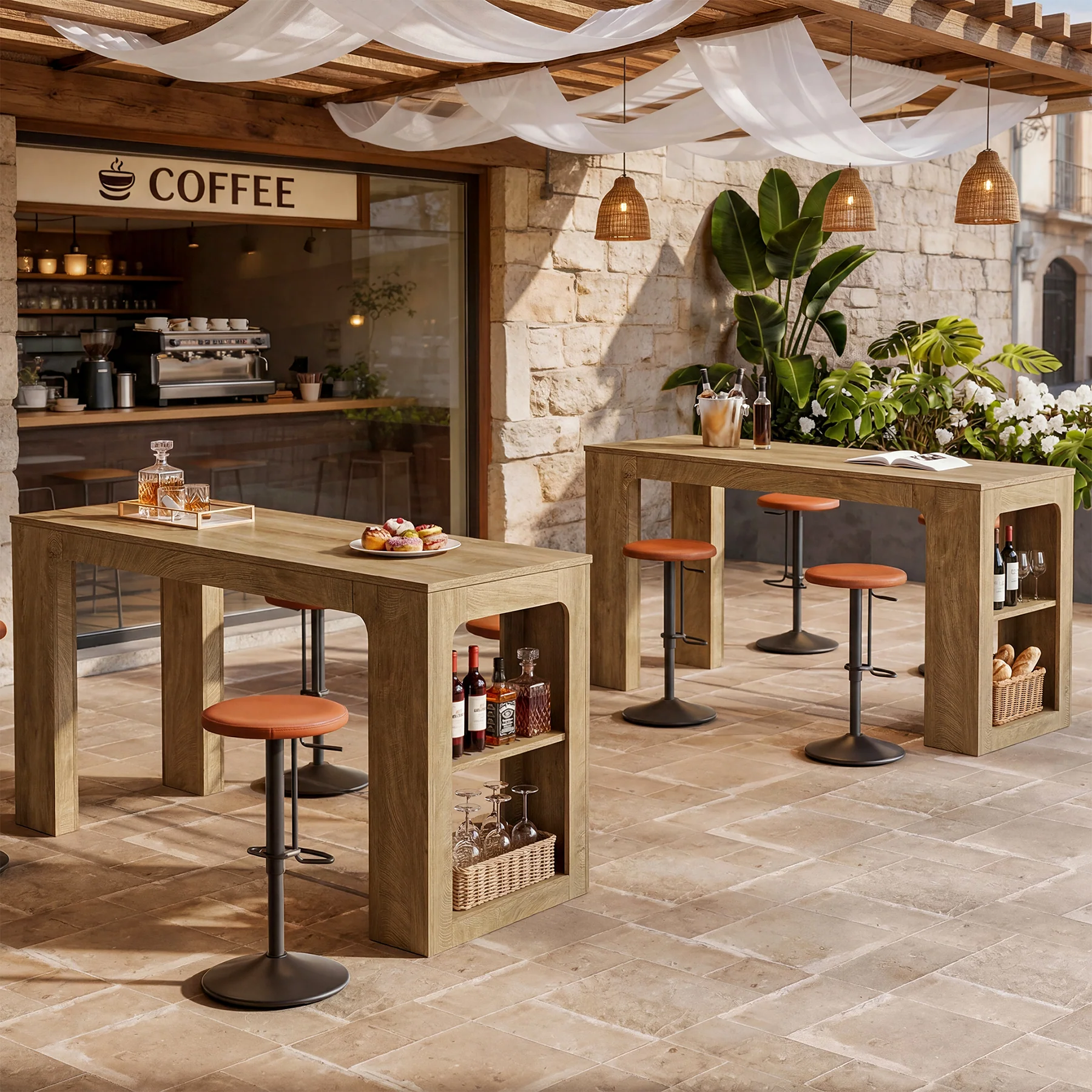 63" Rectangular Bar Table, Counter Height Pub Cocktail Table with 2 Shelves - Image 3