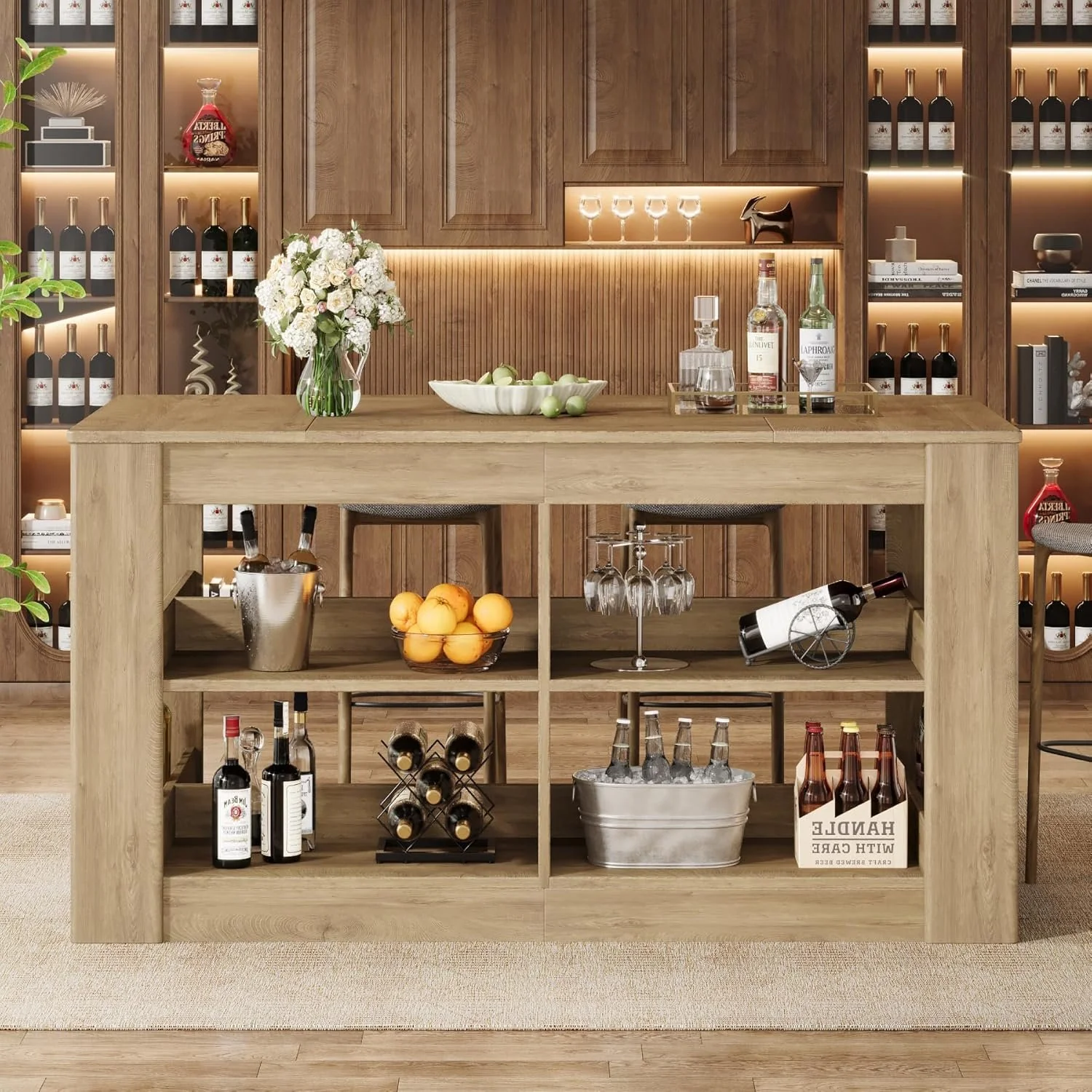 63" Rectangular Bar Table, Counter Height Pub Table with Storage Shelves for Home Bar - Image 3