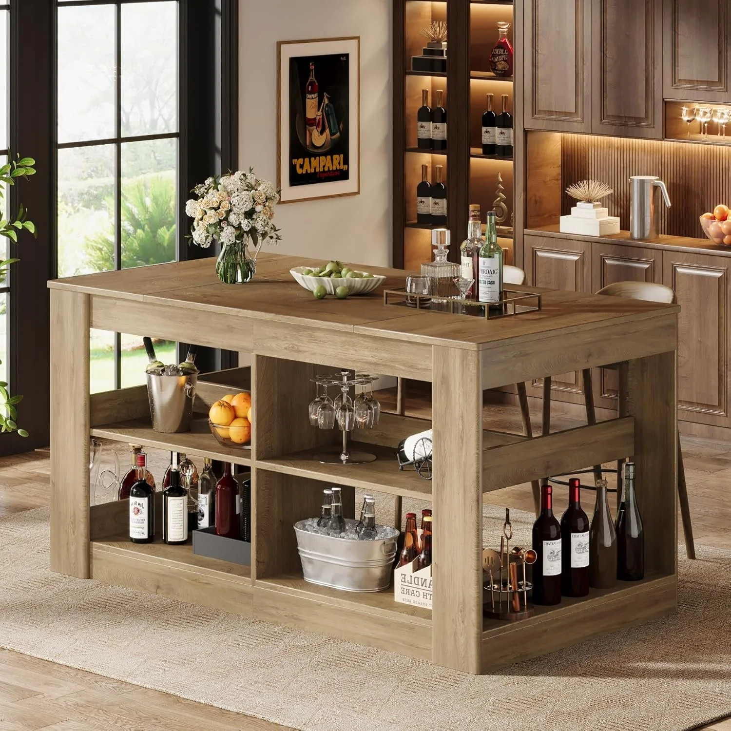 63" Rectangular Bar Table, Counter Height Pub Table with Storage Shelves for Home Bar - Image 4