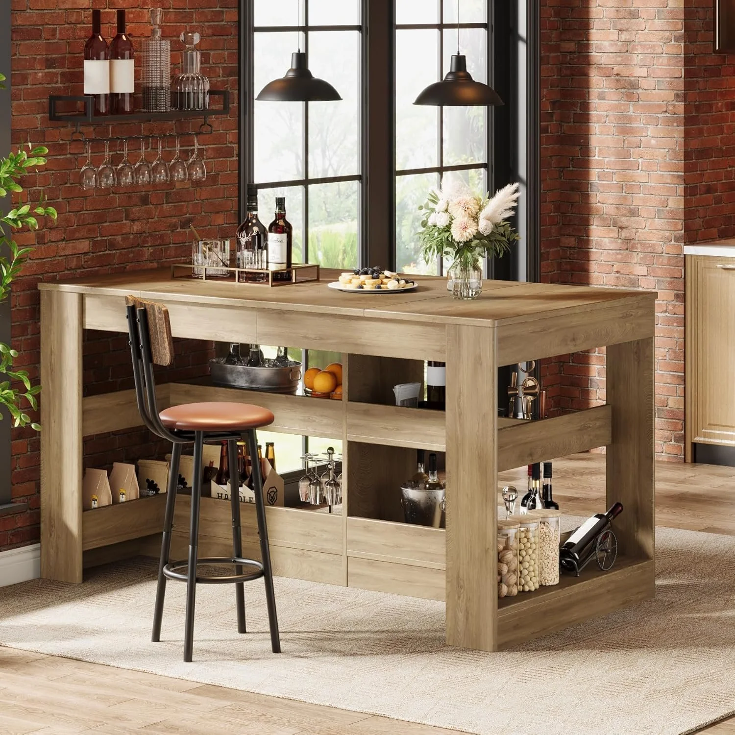 63" Rectangular Bar Table, Counter Height Pub Table with Storage Shelves for Home Bar - Image 5
