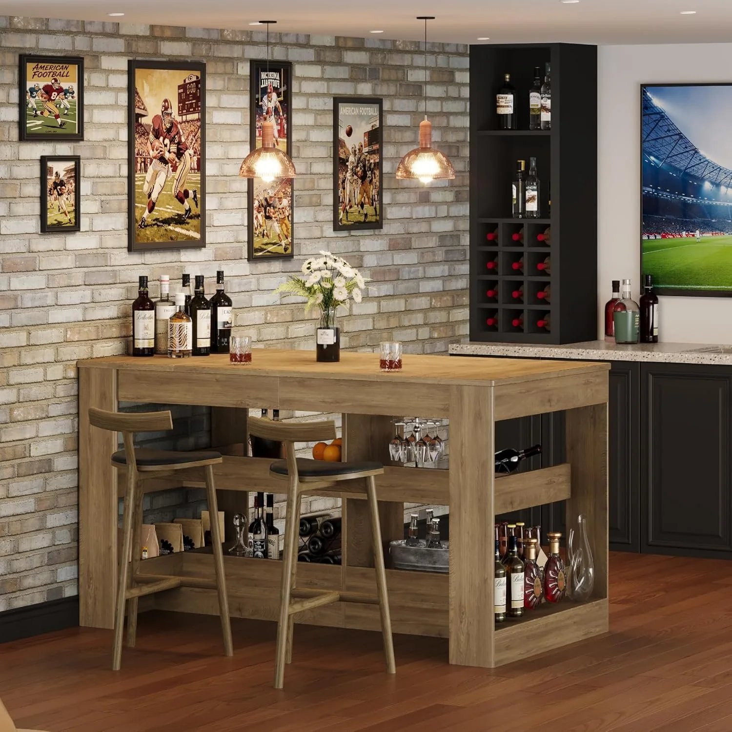 63" Rectangular Bar Table, Counter Height Pub Table with Storage Shelves for Home Bar - Image 6
