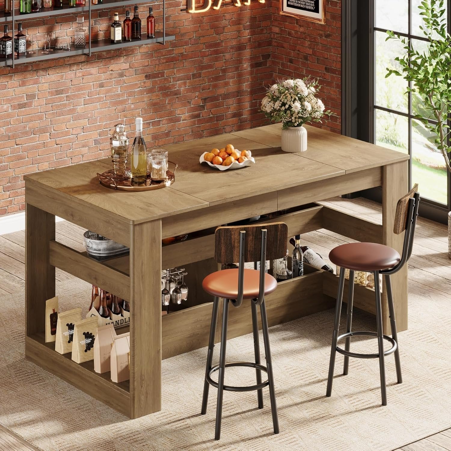63" Rectangular Bar Table, Counter Height Pub Table with Storage Shelves for Home Bar - Image 7