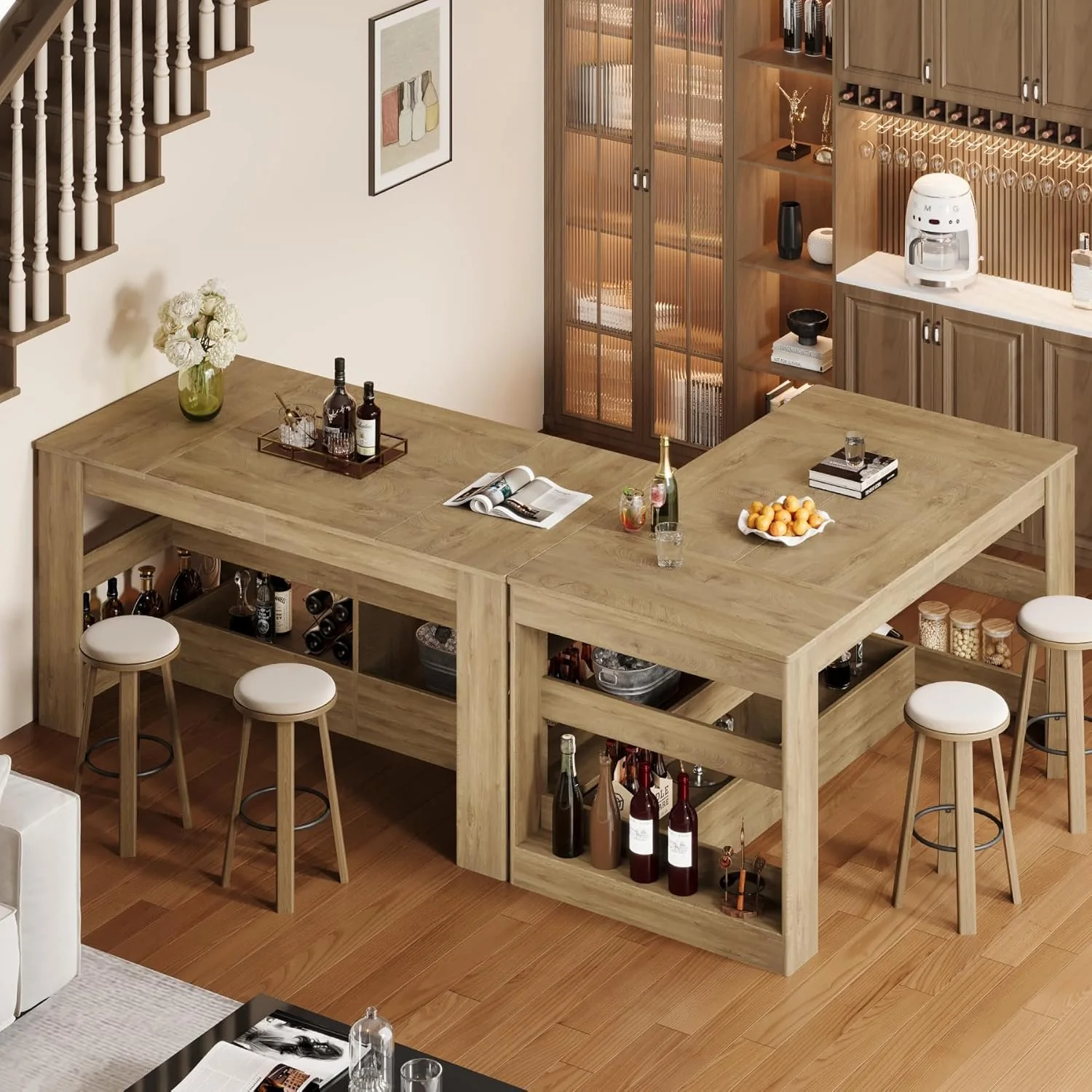 63" Rectangular Bar Table, Counter Height Pub Table with Storage Shelves for Home Bar - Image 8