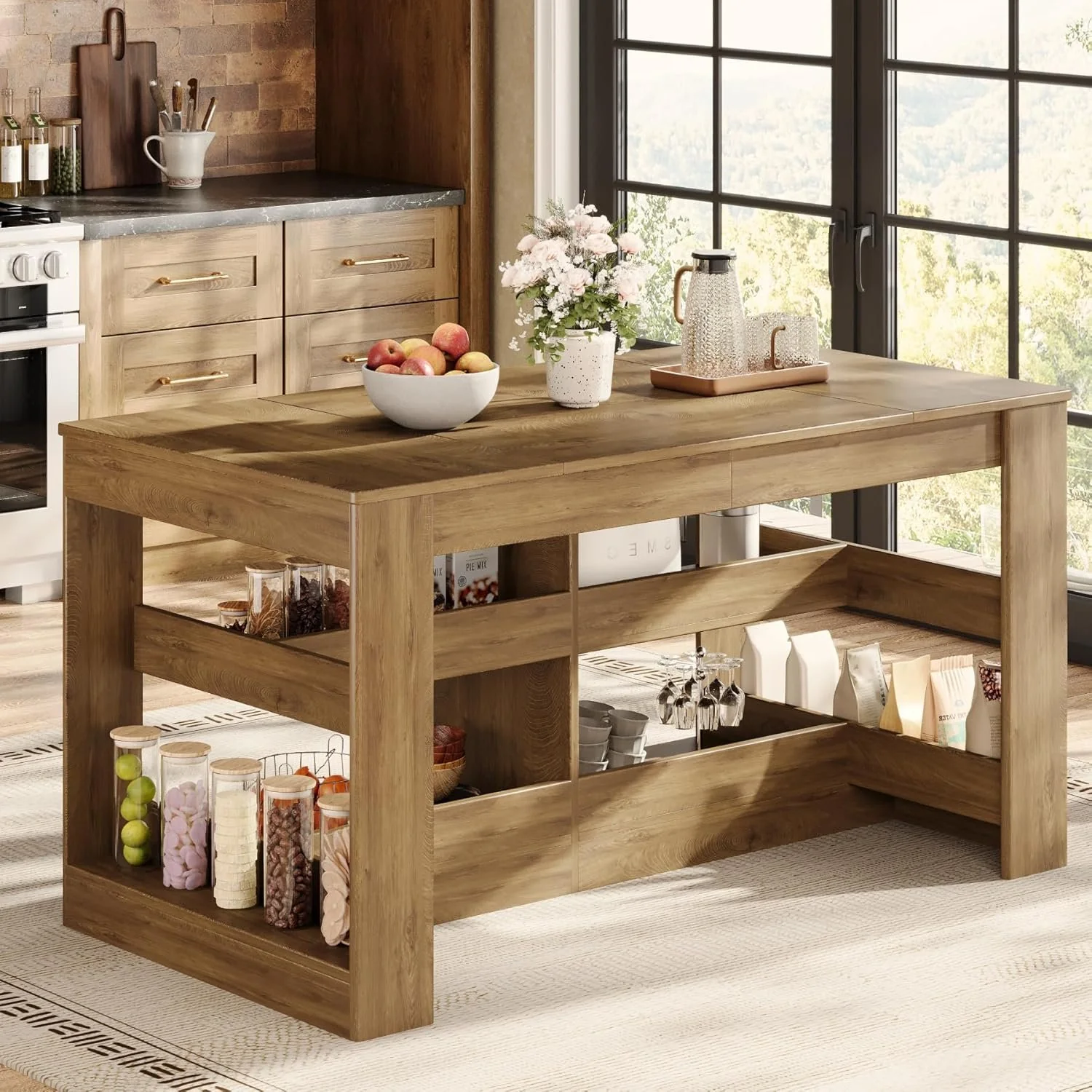63" Rectangular Bar Table, Counter Height Pub Table with Storage Shelves for Home Bar - Image 9
