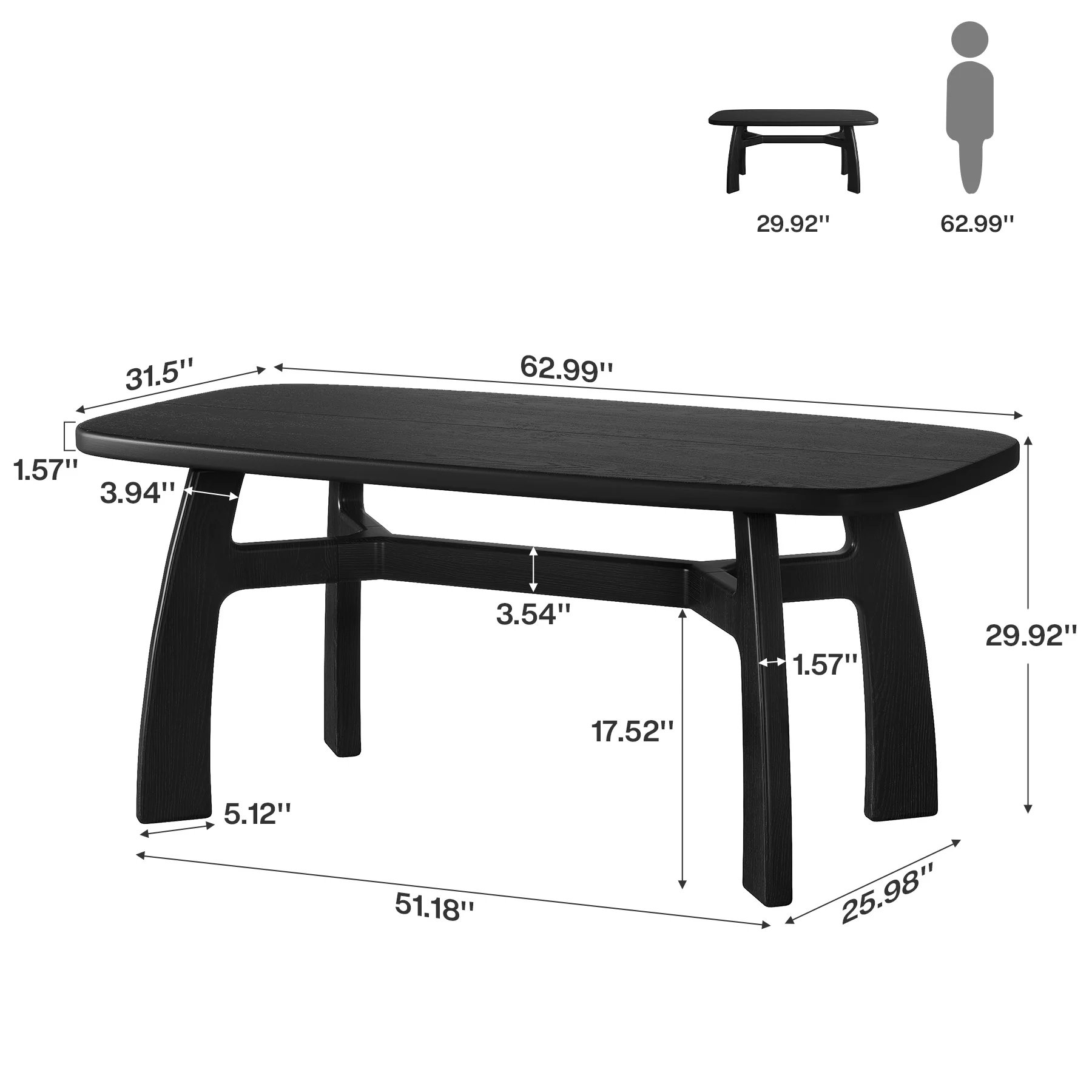 63-Inch Dining Table for 6-8, Solid Wood Kitchen Table with H-Frame for Dining Room - Image 2