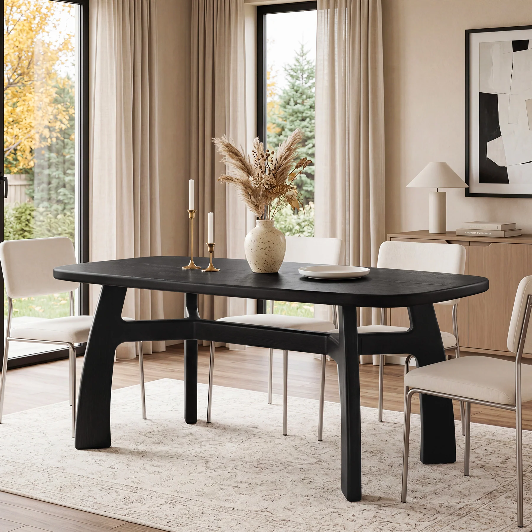 63-Inch Dining Table for 6-8, Solid Wood Kitchen Table with H-Frame for Dining Room - Image 7
