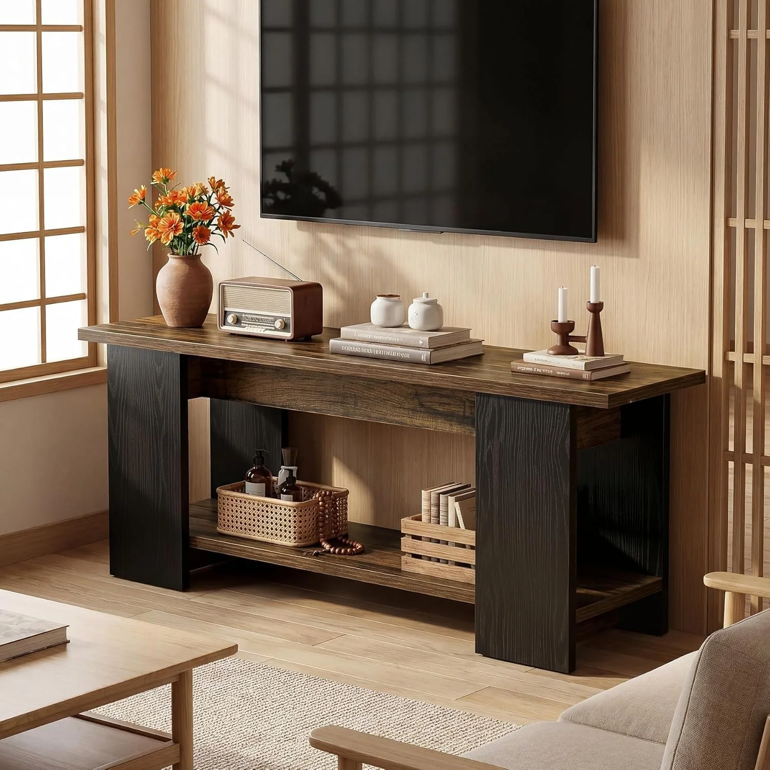 63" TV Stand Console, Farmhouse Entertainment Center with Open Shelves for 55-75-Inch TVs - Image 4