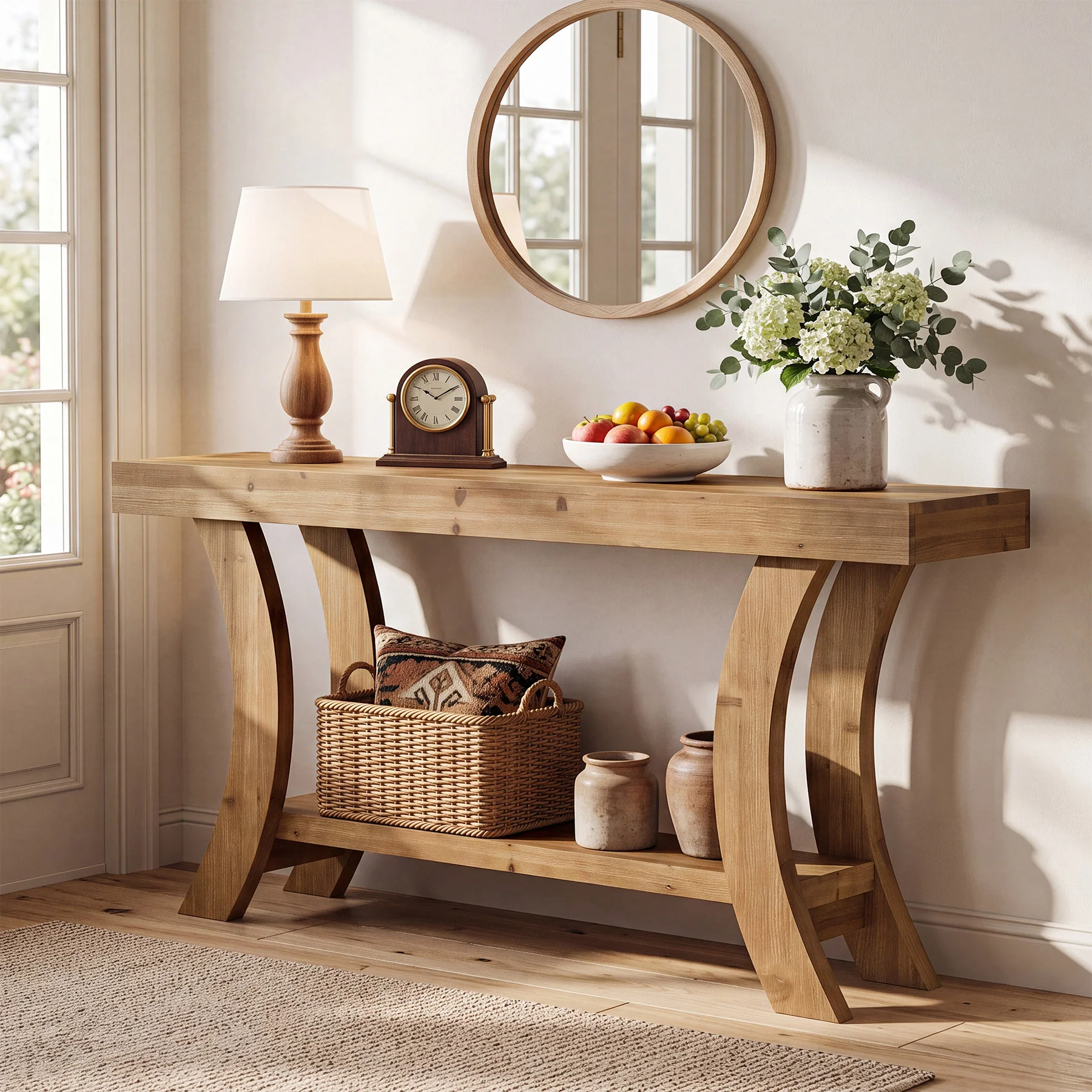 63" Solid Wood Console Table, Farmhouse Sofa Table with Storage Shelf & Arch Frame - Image 3