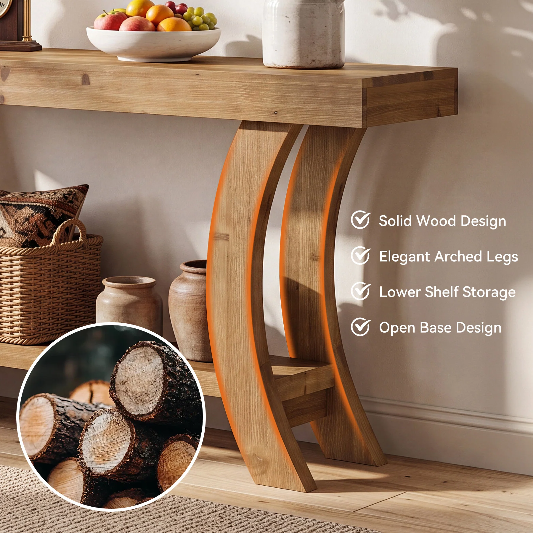 63" Solid Wood Console Table, Farmhouse Sofa Table with Storage Shelf & Arch Frame - Image 7