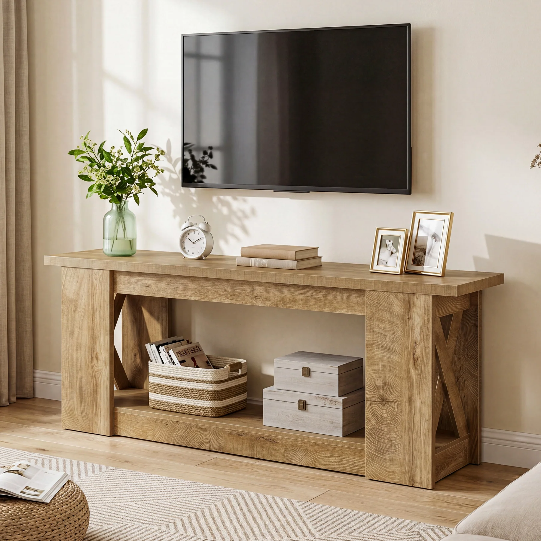63-Inch Farmhouse TV Stand for TVs up to 70 Inches, Rustic Media Console with 2-Tier Open Storage