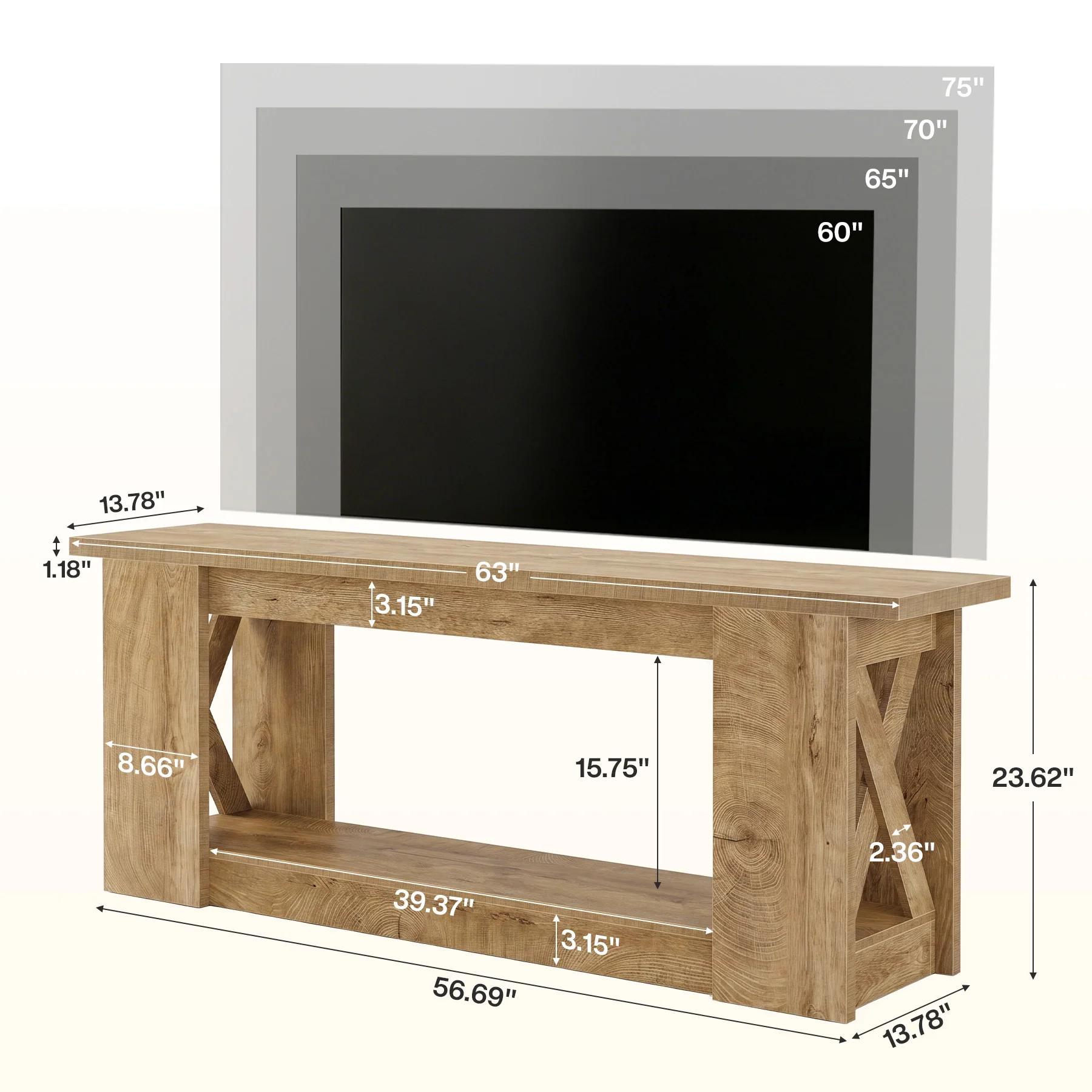 63-Inch Farmhouse TV Stand for TVs up to 70 Inches, Rustic Media Console with 2-Tier Open Storage - Image 2