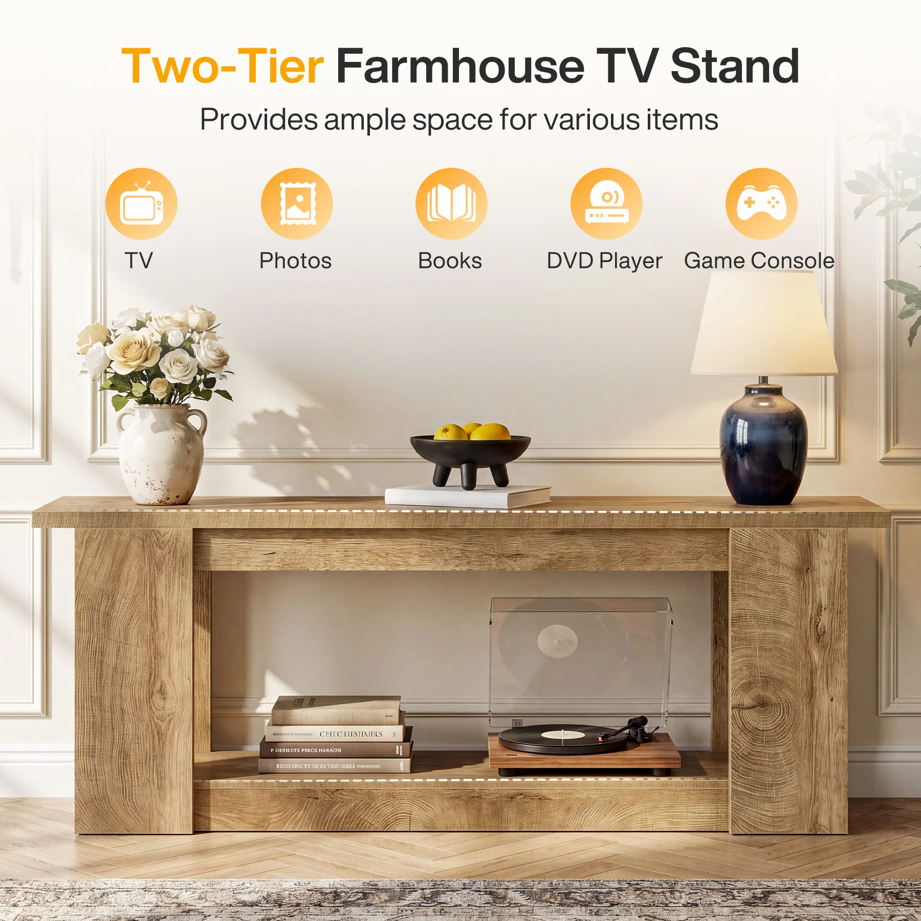 63-Inch Farmhouse TV Stand for TVs up to 70 Inches, Rustic Media Console with 2-Tier Open Storage - Image 3