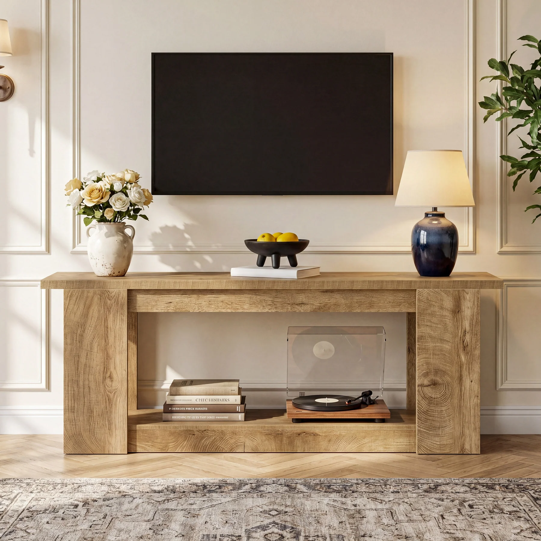 63-Inch Farmhouse TV Stand for TVs up to 70 Inches, Rustic Media Console with 2-Tier Open Storage - Image 5