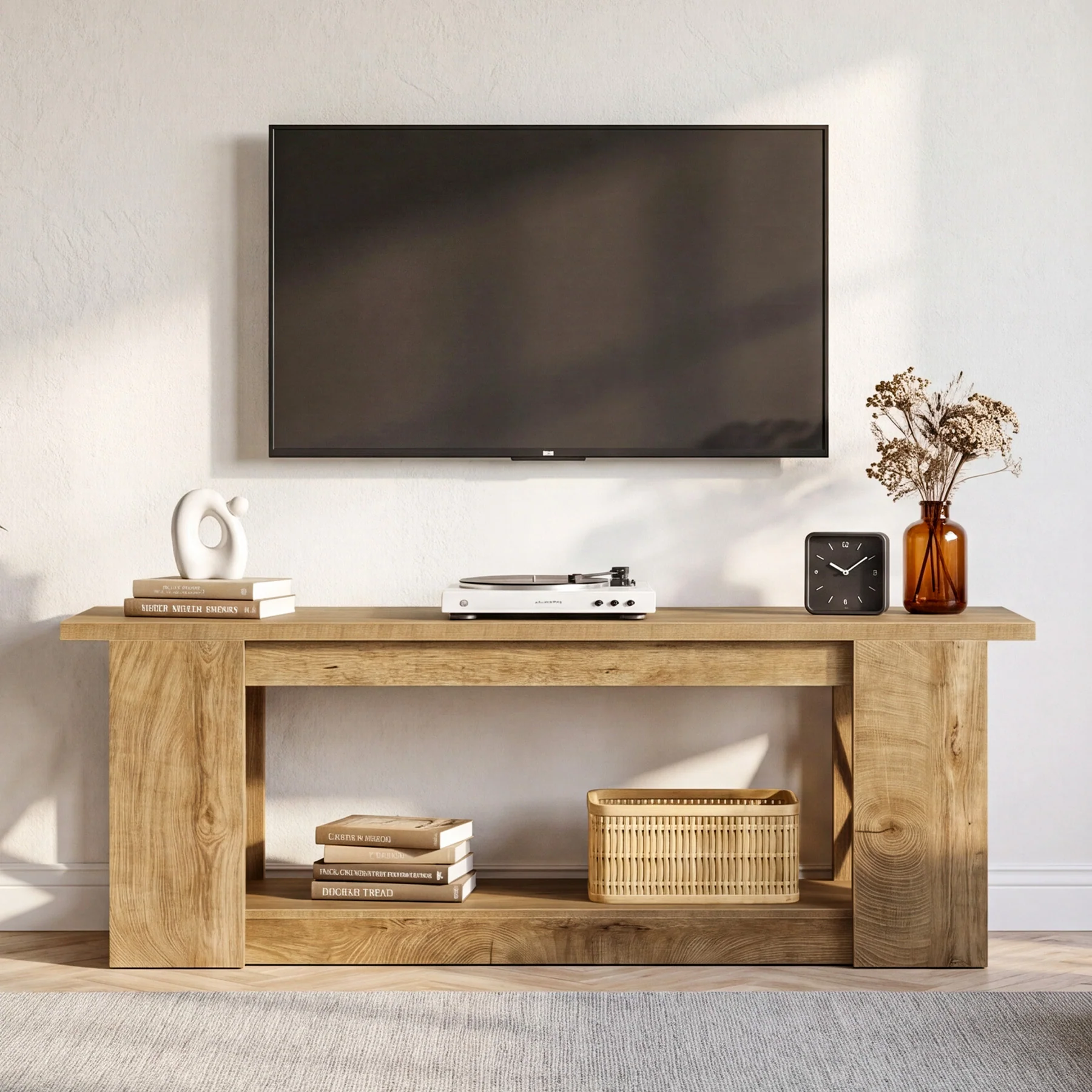 63-Inch Farmhouse TV Stand for TVs up to 70 Inches, Rustic Media Console with 2-Tier Open Storage - Image 6