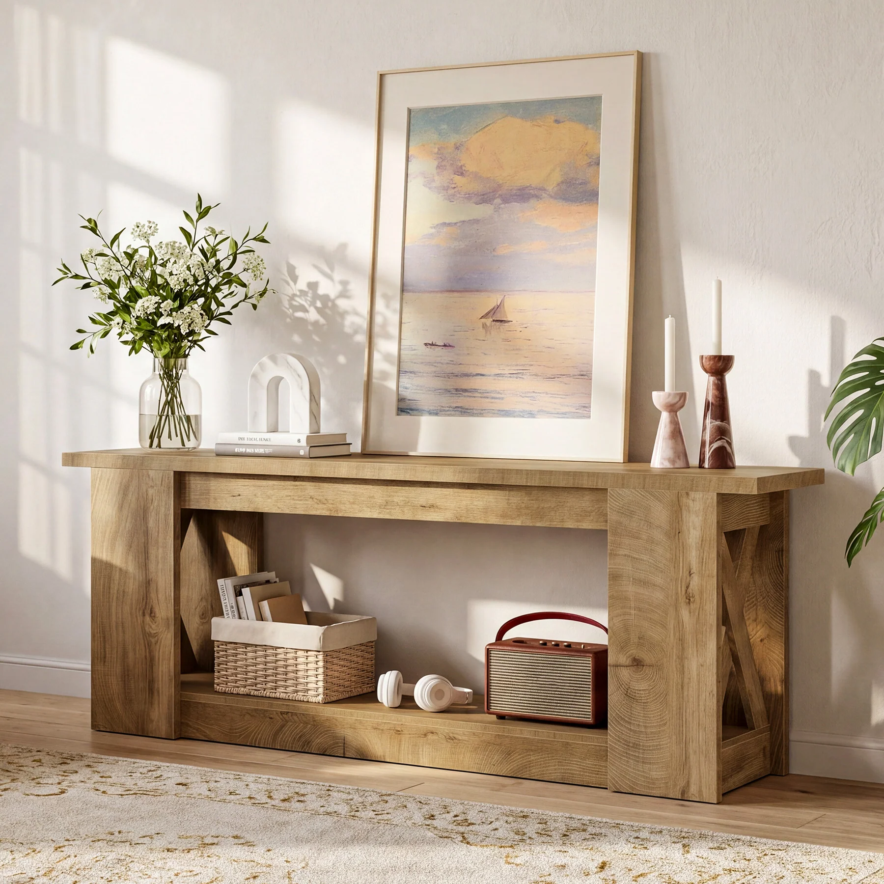 63-Inch Farmhouse TV Stand for TVs up to 70 Inches, Rustic Media Console with 2-Tier Open Storage - Image 7