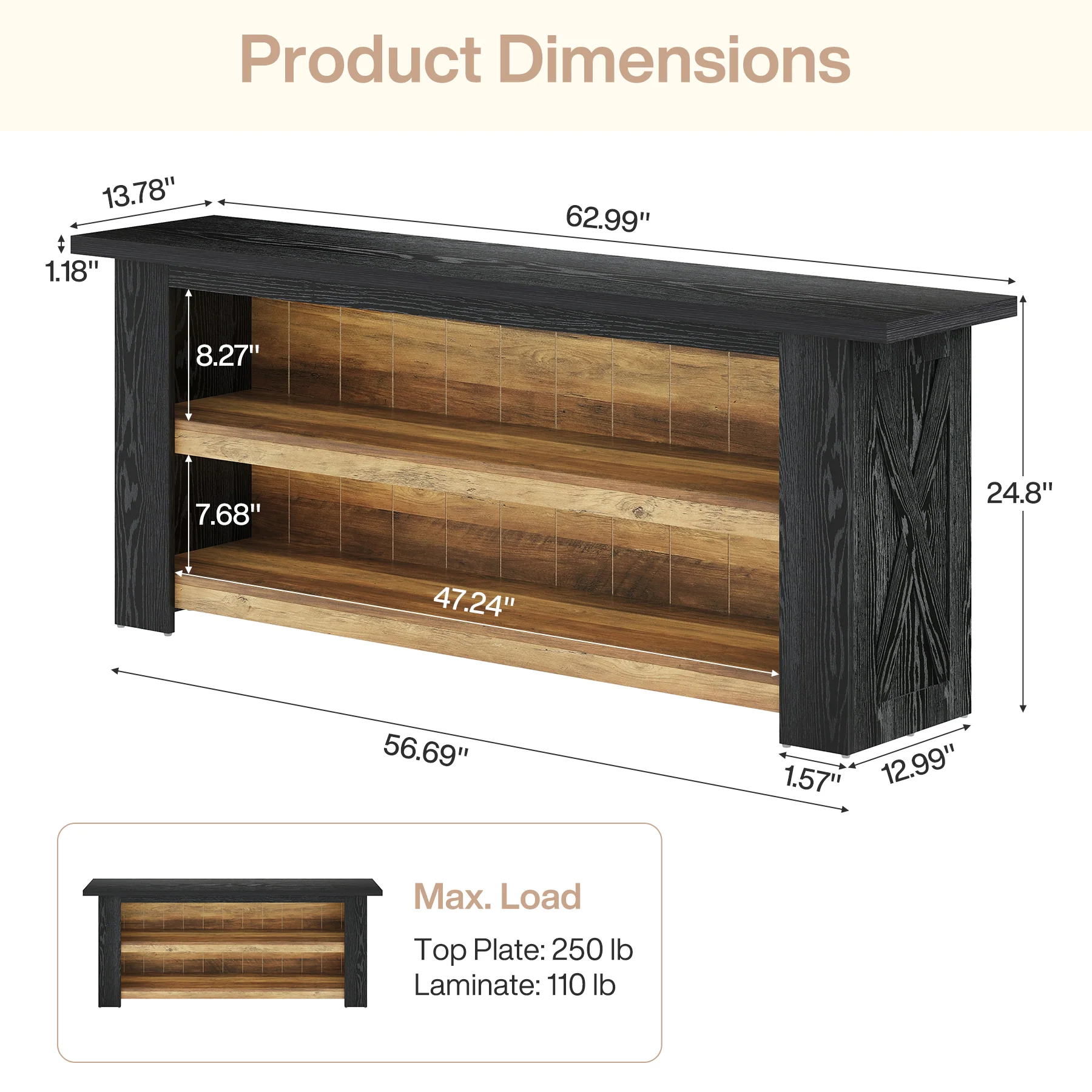 63-Inch Farmhouse TV Stand with X-Shaped Side Panels, Black Entertainment Center for Living Room - Image 2