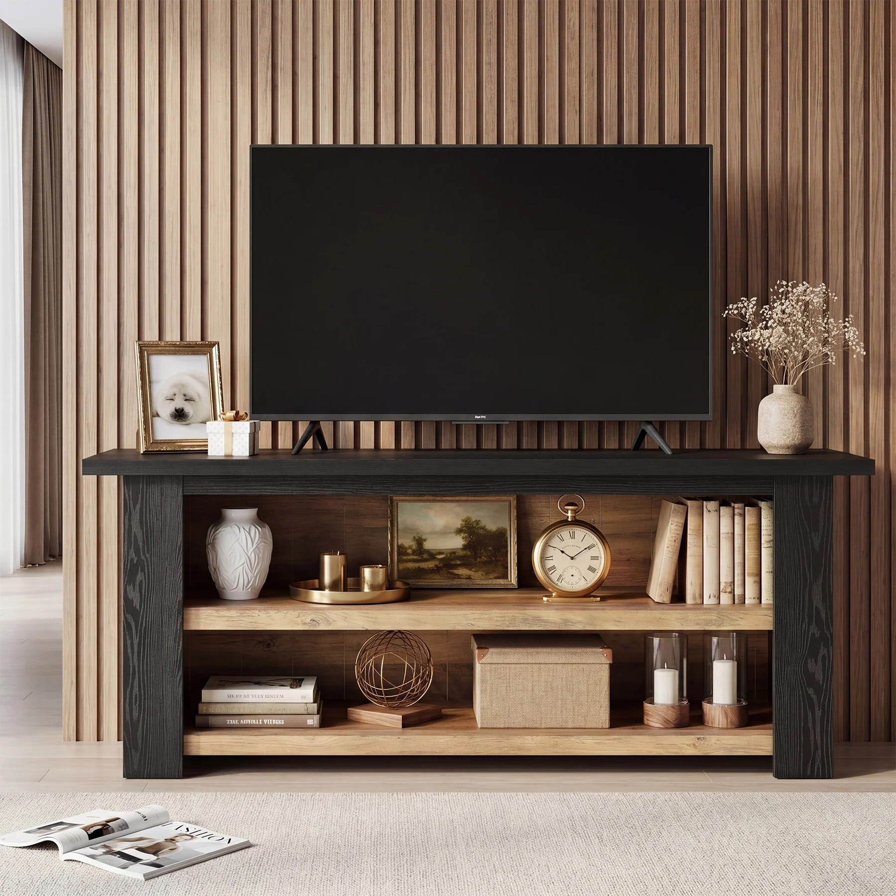 63-Inch Farmhouse TV Stand with X-Shaped Side Panels, Black Entertainment Center for Living Room - Image 8