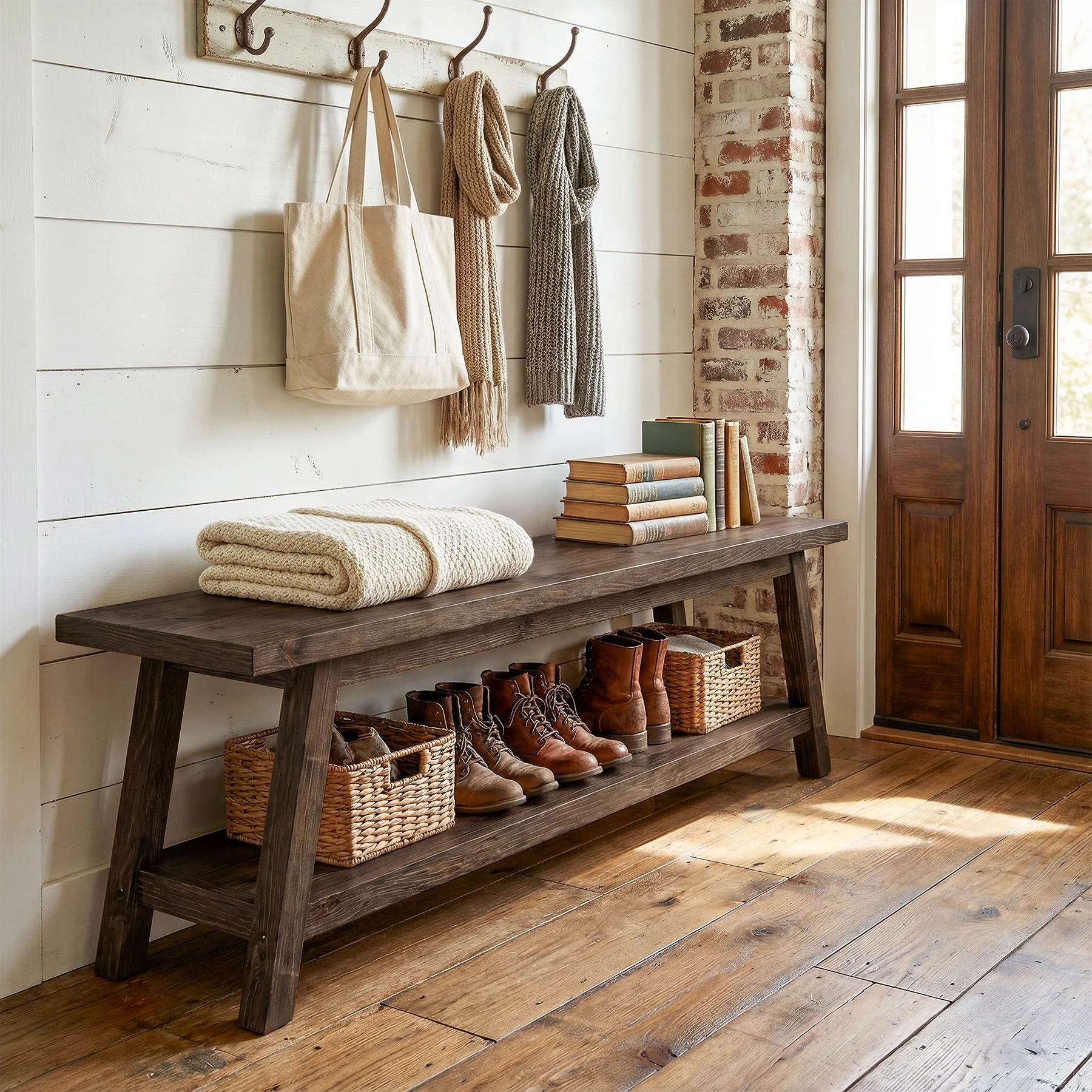 63" Solid Wood Entryway Bench, Hallway Shoe Bench with Storage Shelf - Image 10