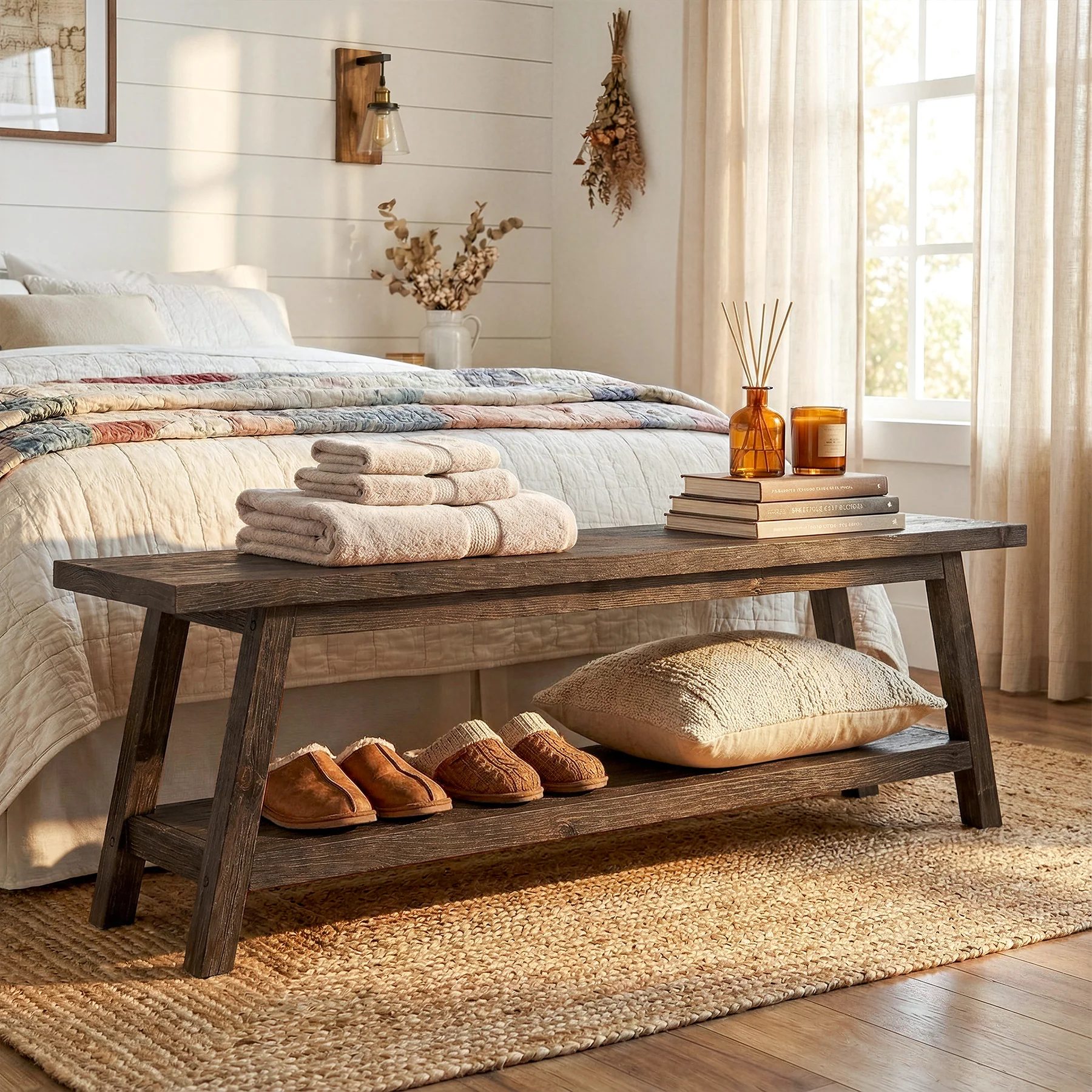 63" Solid Wood Entryway Bench, Hallway Shoe Bench with Storage Shelf - Image 11