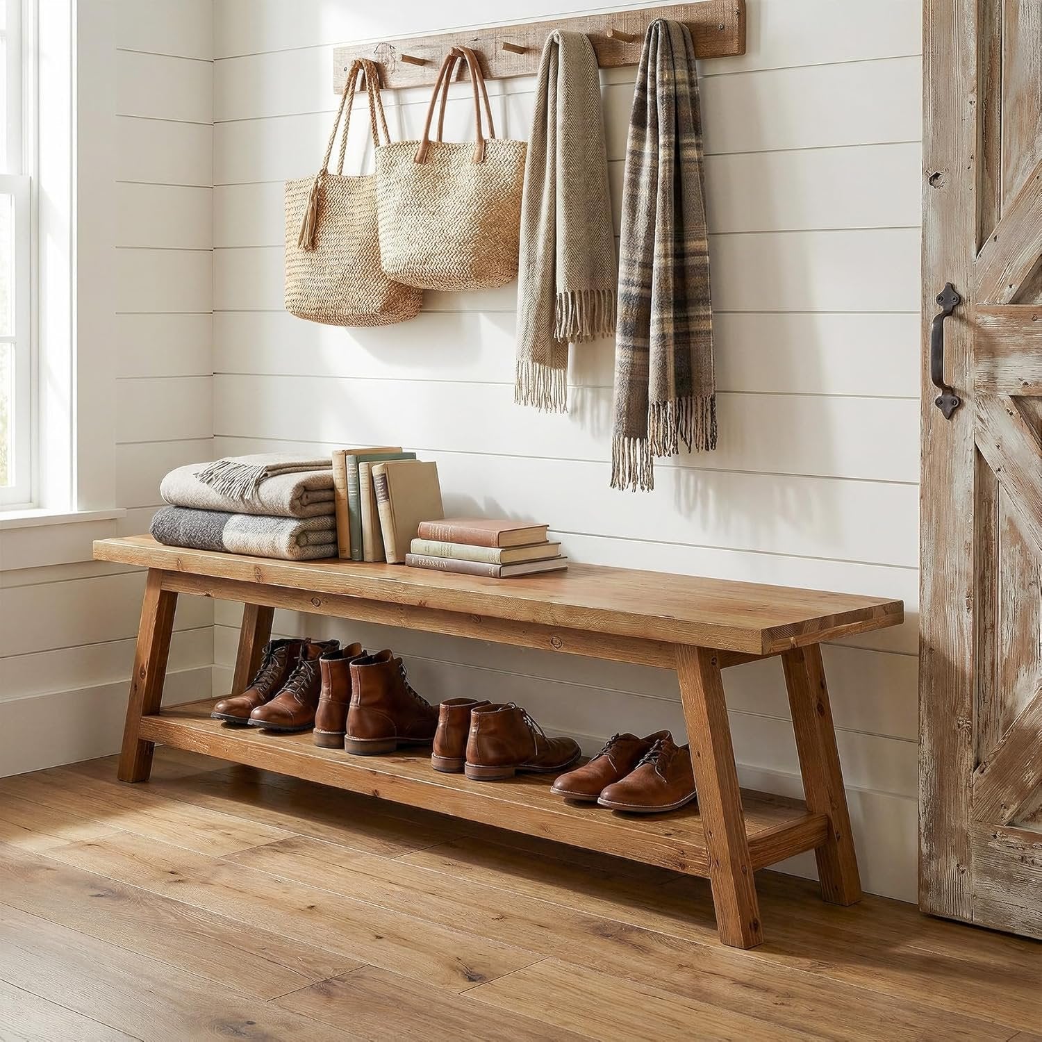63" Solid Wood Entryway Bench, Hallway Shoe Bench with Storage Shelf - Image 4