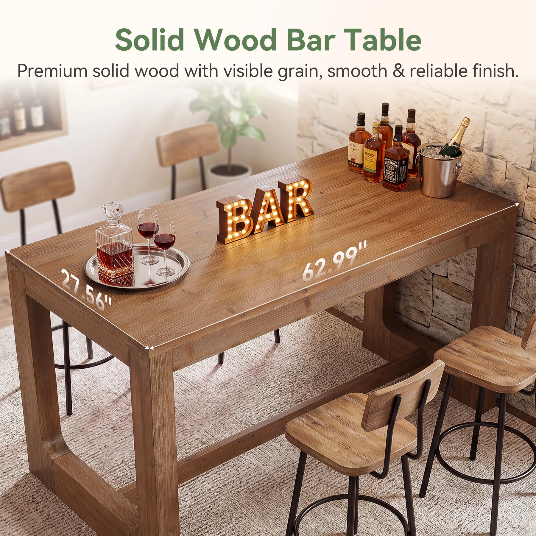 63" Solid Wood Home Bar Table, Counter Height Table with Spacious Tabletop - Image 6