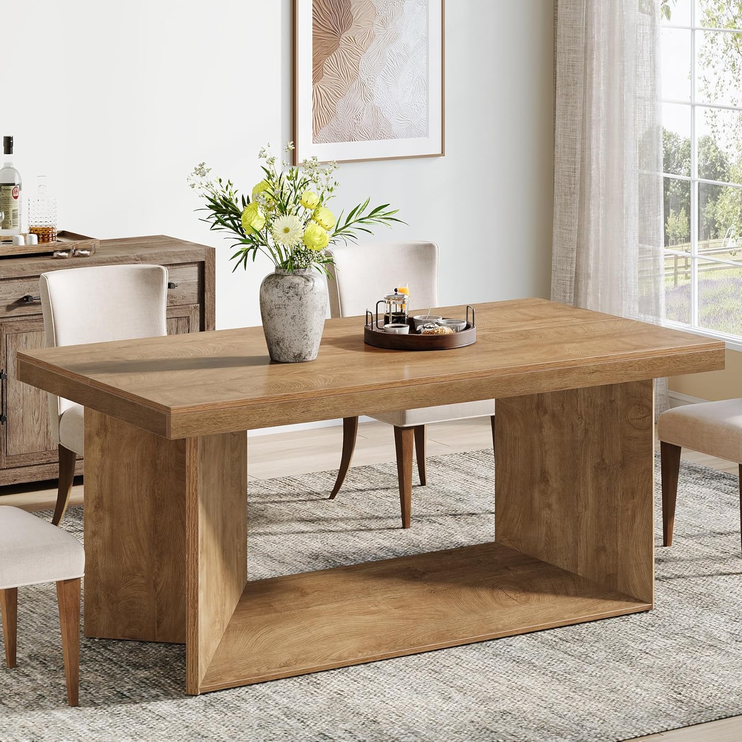 63" Dining Table, Farmhouse Kitchen Table with Heavy Duty Pedestal  for 4-6