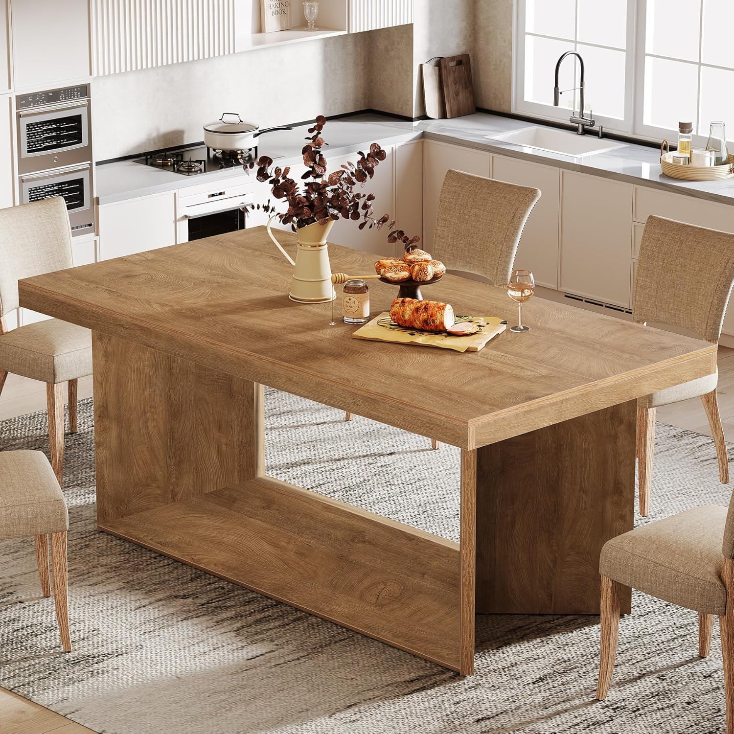63" Dining Table, Farmhouse Kitchen Table with Heavy Duty Pedestal  for 4-6 - Image 3
