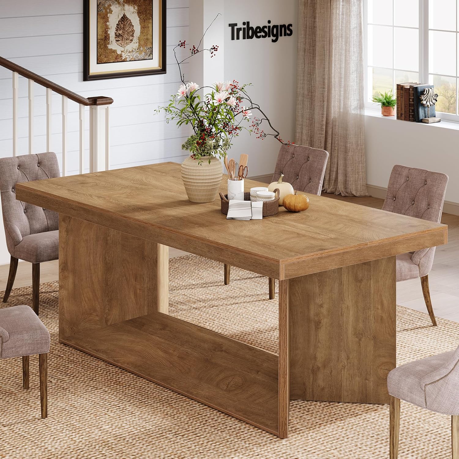 63" Dining Table, Farmhouse Kitchen Table with Heavy Duty Pedestal  for 4-6 - Image 5