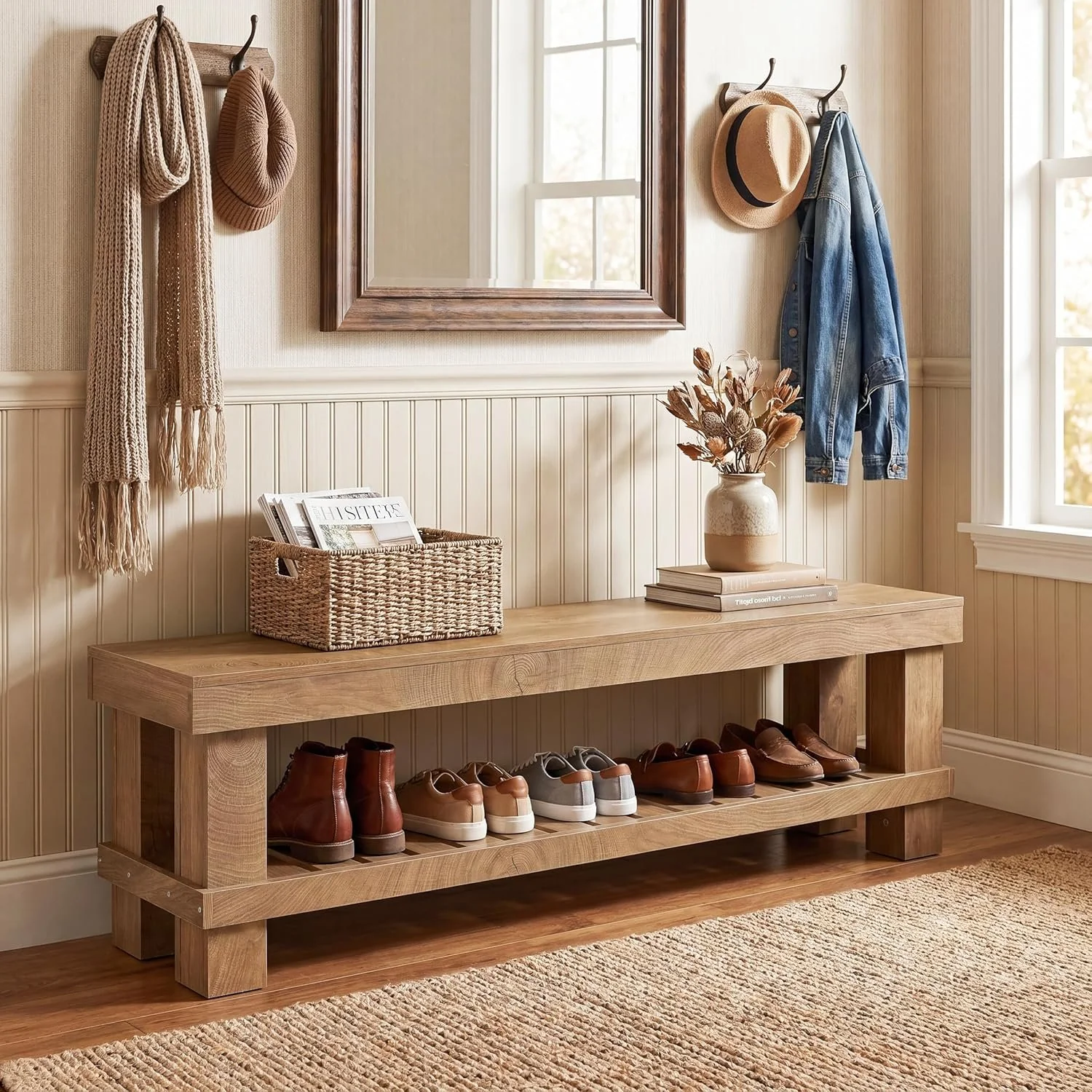 63" Farmhouse Entryway Shoe Bench, Long Dining Bench Seat with Slatted Shelf
