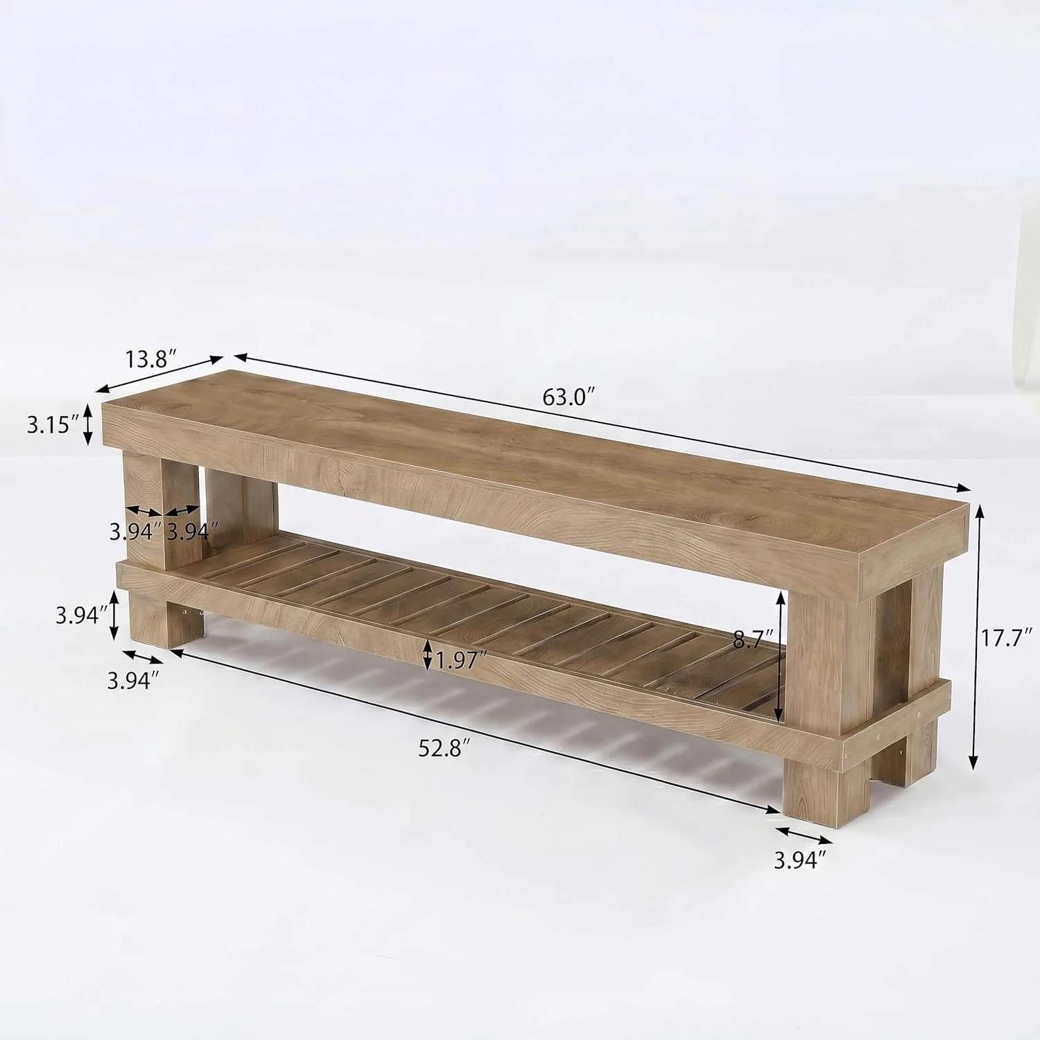 63" Farmhouse Entryway Shoe Bench, Long Dining Bench Seat with Slatted Shelf - Image 2